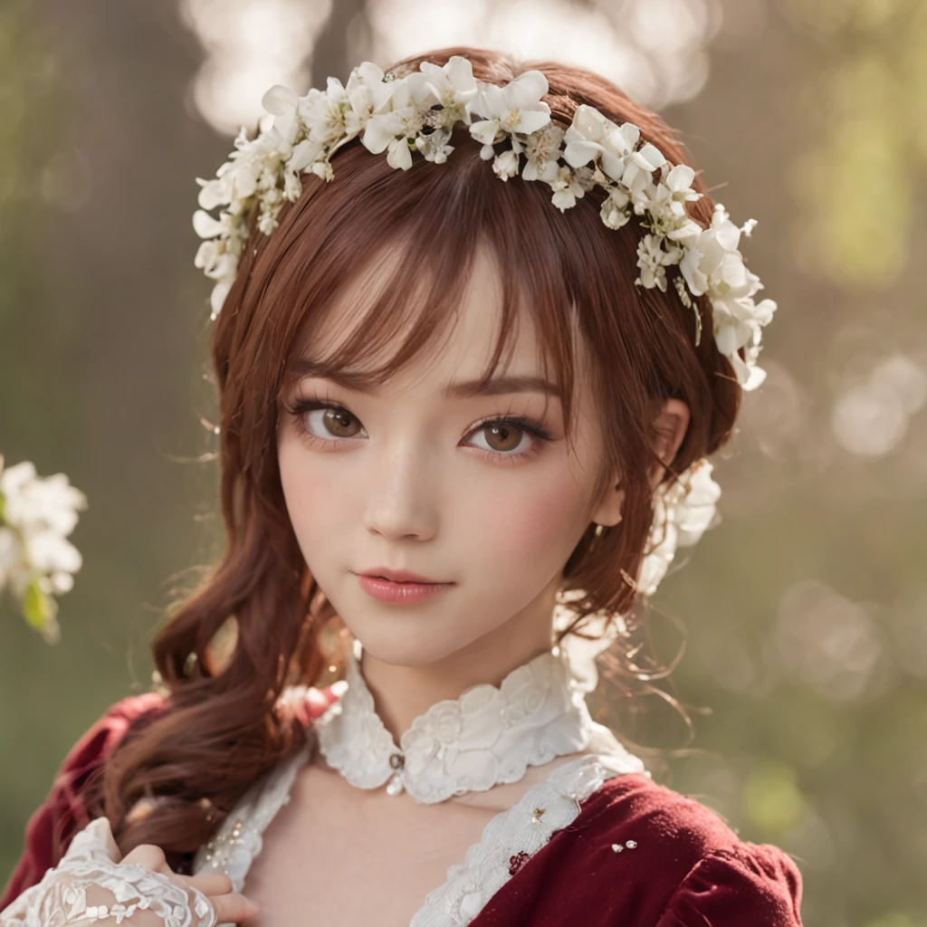 Beautiful complex reddish-brown hair,Sparkling star eyes,Under soft lighting,Genshin walnut short flat round cap,Smile with wide eyes,Mysterious ornamentation,Nervous shock。