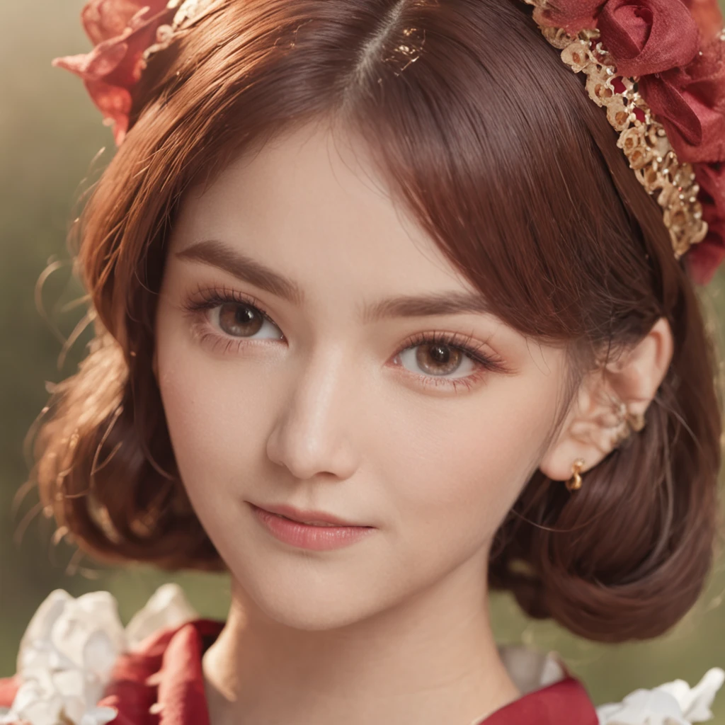 Beautiful complex reddish-brown hair,Sparkling star eyes,Under soft lighting,Genshin walnut short flat round cap,Smile with wide eyes,Mysterious ornamentation,Nervous shock。