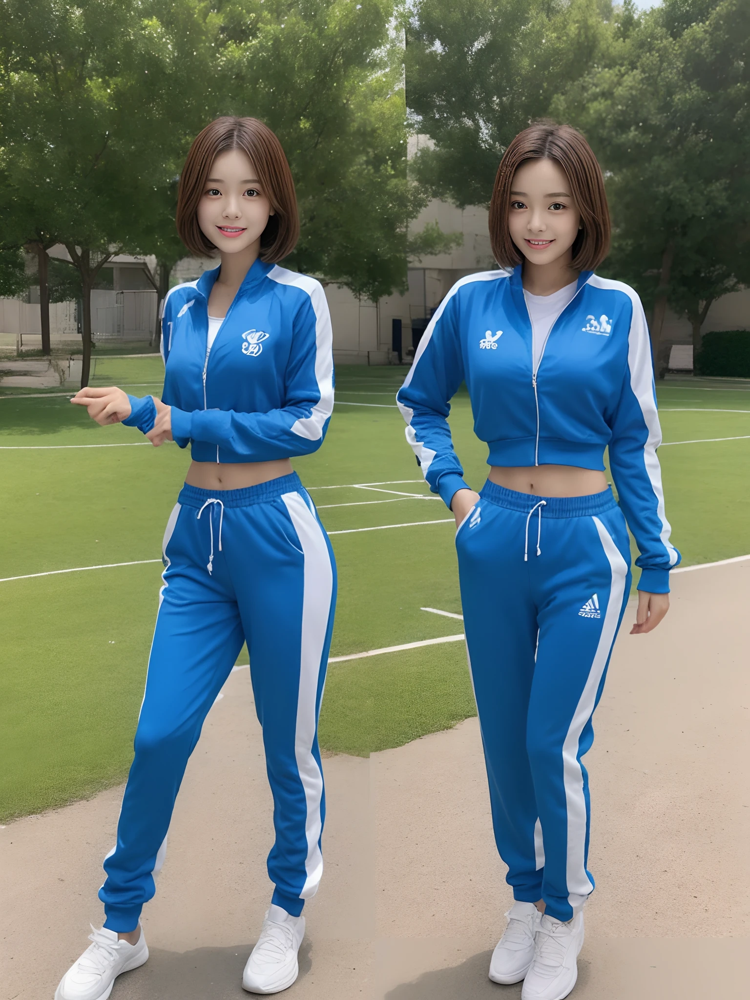 1 very beautiful female high school student，Wear blue and white tracksuits，Play volleyball on the school playground，Super high value，Petite perfect body，Beautiful ultra-short hair，Delicate hair，Fair face and skin，There are beads of sweat hanging down，Have fun on the playground，Breasts are full and huge:1.5，Chest hyperexcion，（The tracksuit on the chest is high and bulging, Tightness and bulging:1.5），Delicate fair and soft toes，White and delicate fingers，fully body photo