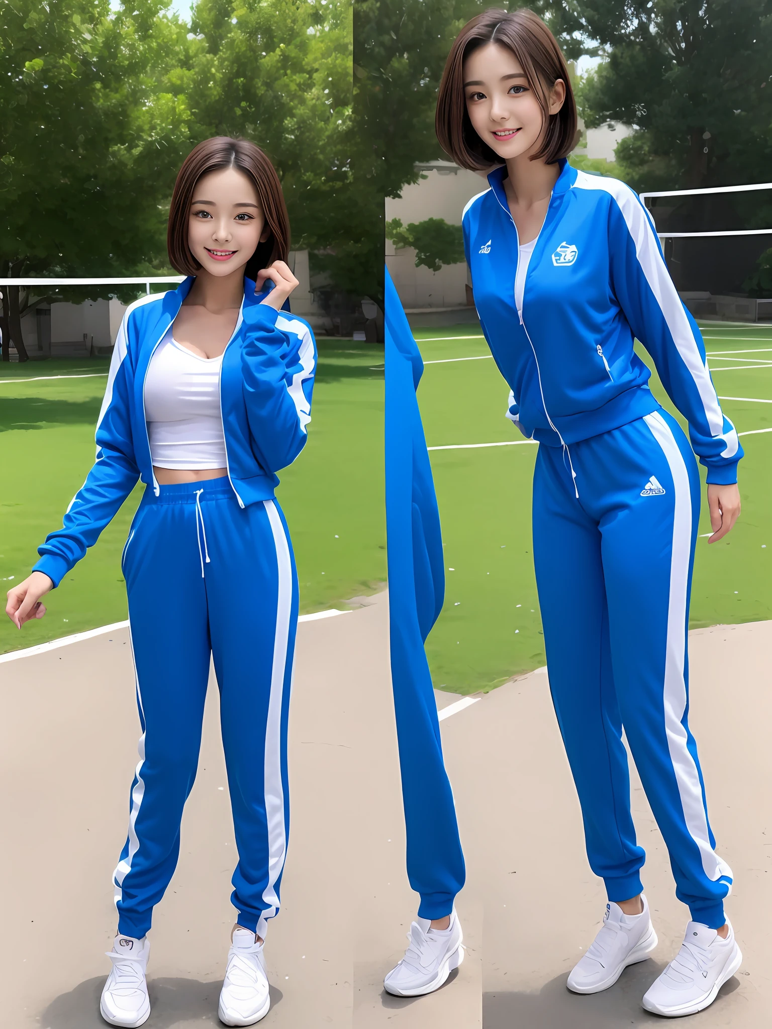 1 very beautiful female high school student,Wear blue and white tracksuits,Play volleyball on the school playground,Super high value,Petite perfect body,Beautiful ultra-short hair,Delicate hair,Fair face and skin,There are beads of sweat hanging down,Have fun on the playground,Breasts are full and huge:1.5,Chest hyperexcion,(The tracksuit on the chest is high and bulging, Tightness and bulging:1.5),Delicate fair and soft toes,White and delicate fingers,fully body photo
