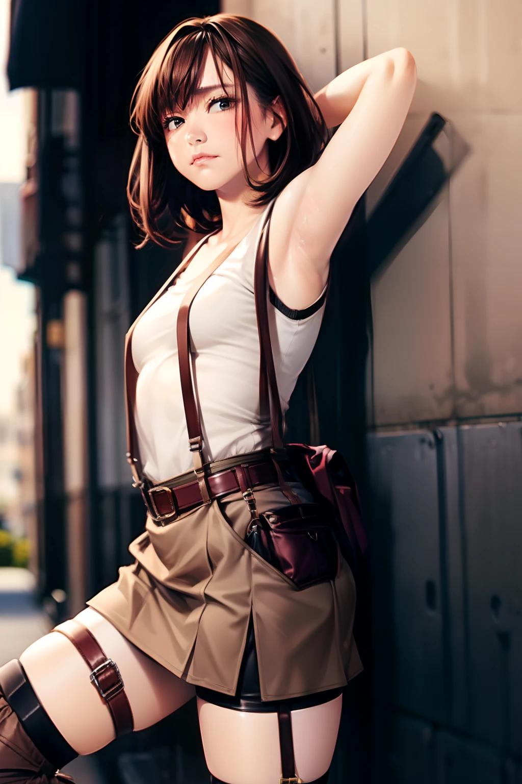 skirt by the, Tank Tops suspenders, Brown hair short, Gray eyes, holster, Garter belt on the legs, moderate chest and tight clothes, a belt Armpit sweat deadpan