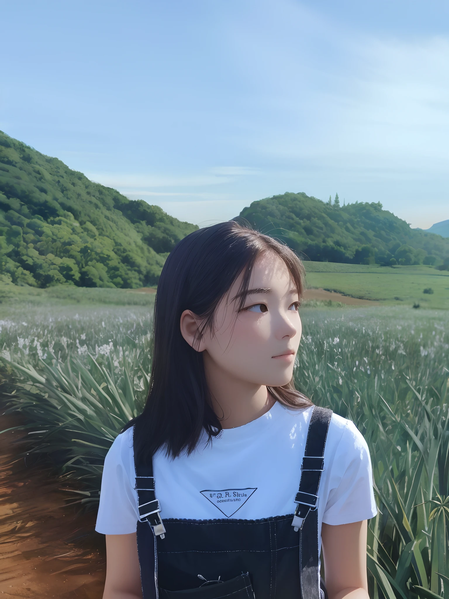 Masterpiece, best quality, 1girl, solo, from behind, backpack, adventurer clothes, day, forest, trees, flowers, bushes, sunlight, mountainous horizon, sky, warm lighting, hyperrealistic, detailed background, depth of field, rimlighting, specular highlights, bloom, atmospheric lighting