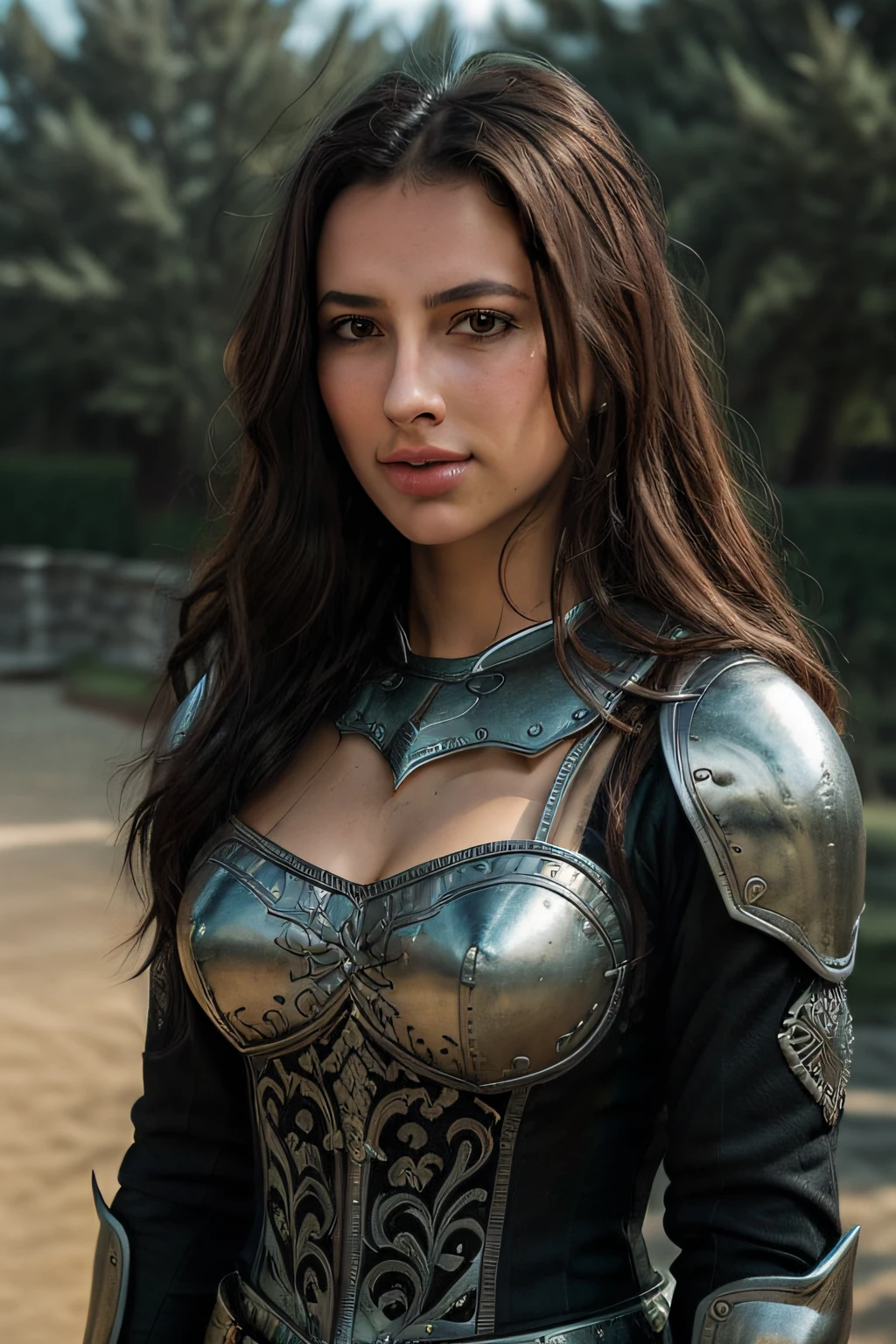 (masterpiece), (extremely intricate:1.3),, (realistic), portrait of a girl, the most beautiful in the world, (medieval armor), metal reflections, upper body, outdoors, intense sunlight, far away castle, professional photograph of a stunning woman detailed, sharp focus, dramatic, award winning, cinematic lighting, octane render, unreal engine, volumetrics dtx, (film grain, bokeh, blurry foreground, blurry background), crest on chest