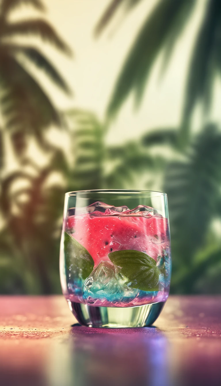 Wallpapers, Drinks, Ice Cubes, Watermelon, Tropical Plants, Hot Weather, HD Detail, Moist Watermark, Ultra Detail, Movie, Hyper Realism, Soft Light, Deep Focus Bokeh, Ray Tracing, Diffuse (Ultrafine Glass Reflection) and surrealism. --v6