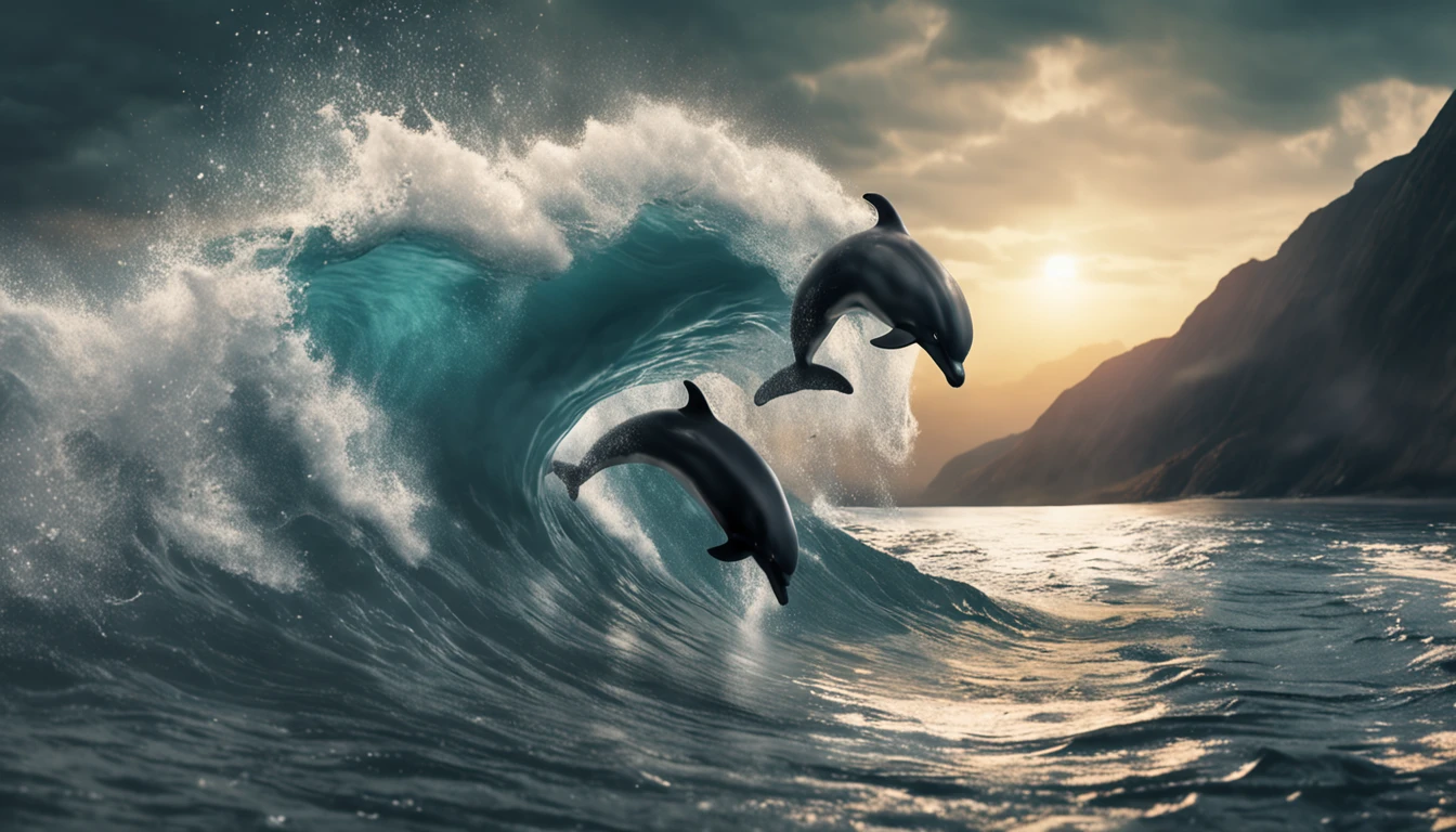 Best quality, Masterpiece, 超高分辨率, (photograph realistic:1.4), surrealism, Dream-like,fusionart, Greater Bay Area,Dolphins leap from the surface of the sea,A huge moon over the sea,Reflecting the waves