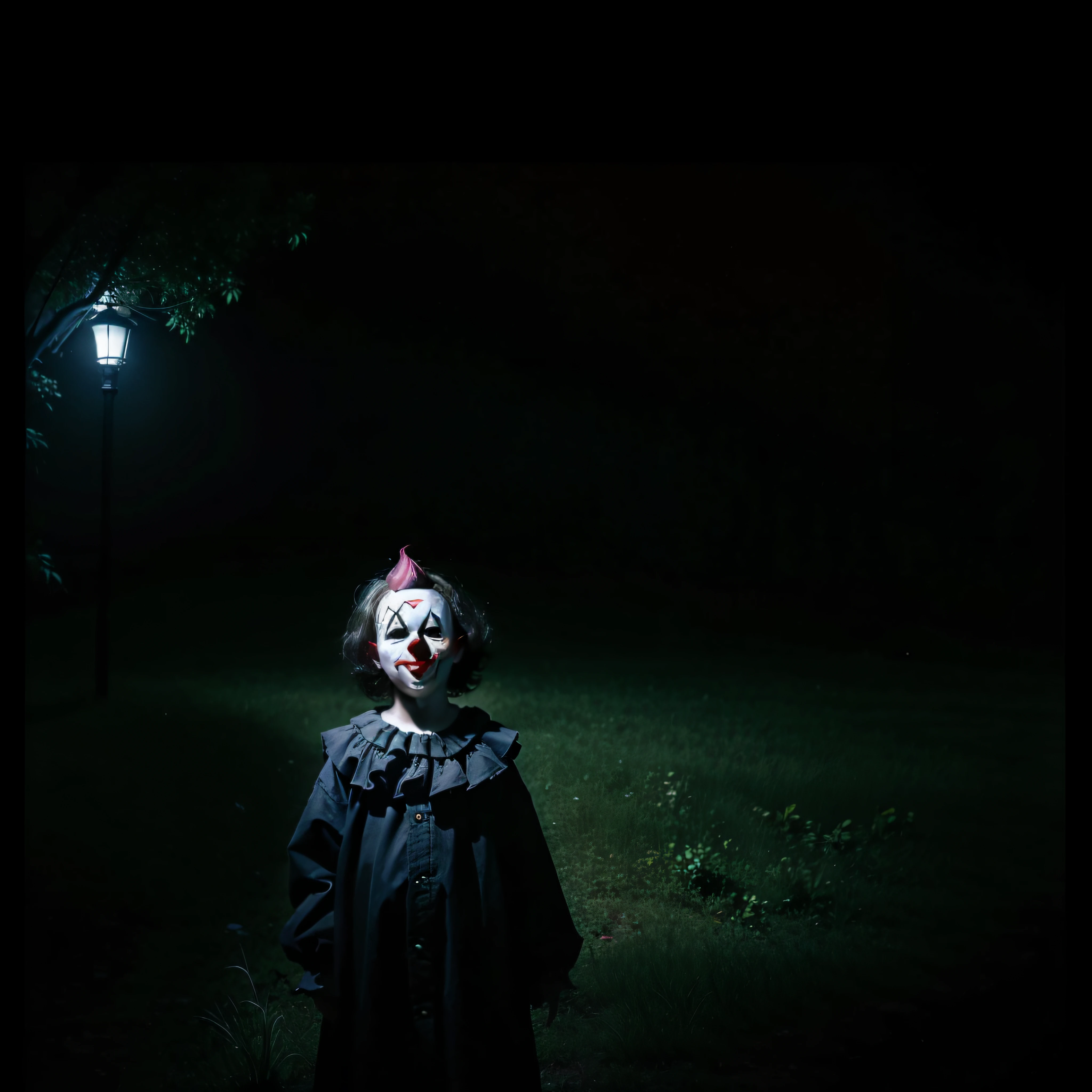(extremadamente detallado, obra maestra, La mejor calidad, foto antigua, principios de siglo) dark kids with horror clown masks, colmillos, una linterna directa lo ilumina, bosque de noche. plano cercano. sangre por el suelo.