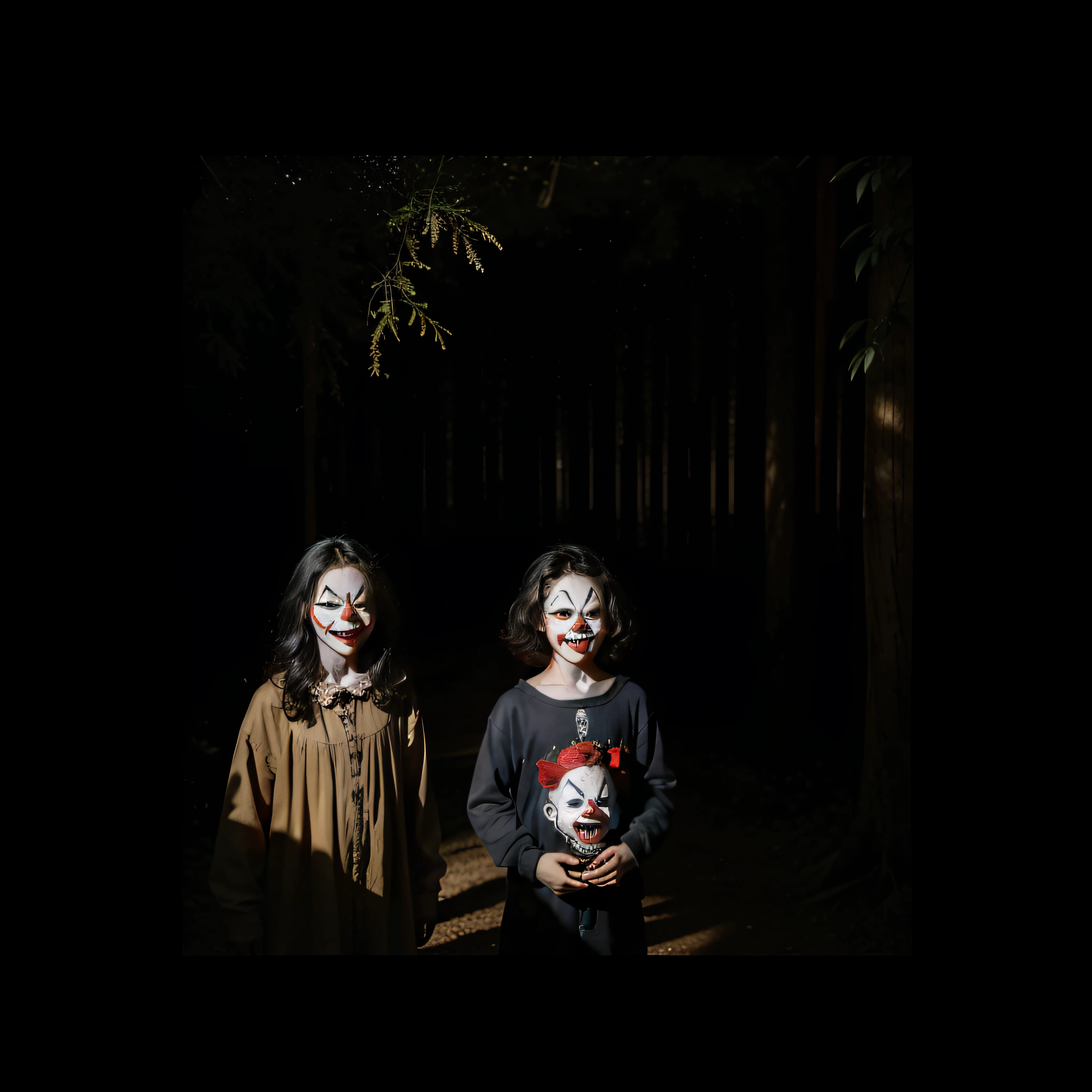 (extremadamente detallado, obra maestra, La mejor calidad, foto antigua, principios de siglo) dark kids with horror clown masks, colmillos, una linterna directa lo ilumina, bosque de noche. plano cercano. sangre por el suelo.