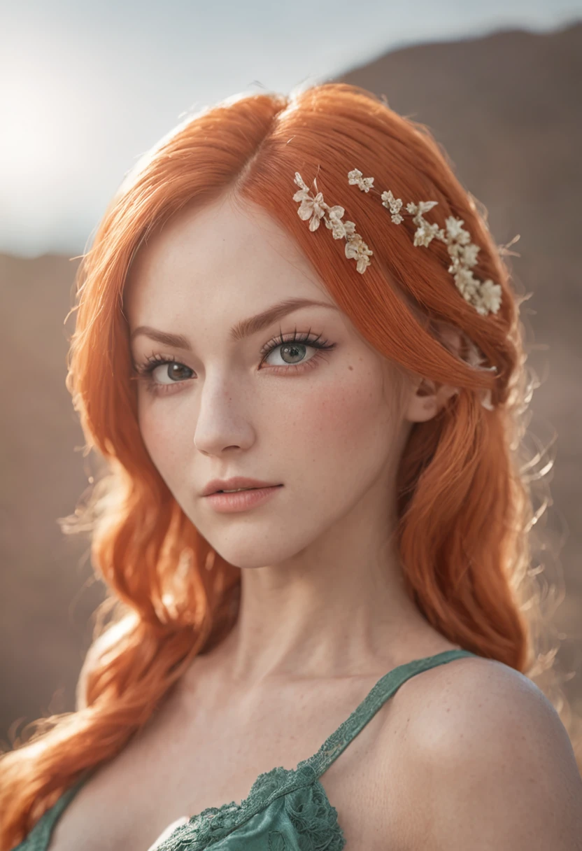 close up face shot of nami from one piece, very detailed facial texture, detailed eye texture, shiny lips, orange hair and pupil, detailed hair texture