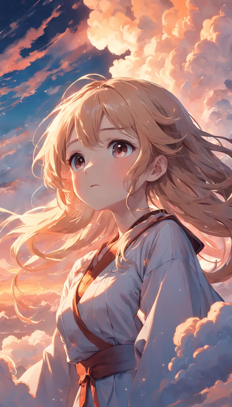 tmasterpiece,best qualtiy,cinematic Film still from,1girl,Cloud Girl,Floating in the sky,closeup cleavage,brightly,cheerfulness,Warm and soft lighting,the sunset,(spark of light:0.7),Wearing a white coat,the doctor,wings