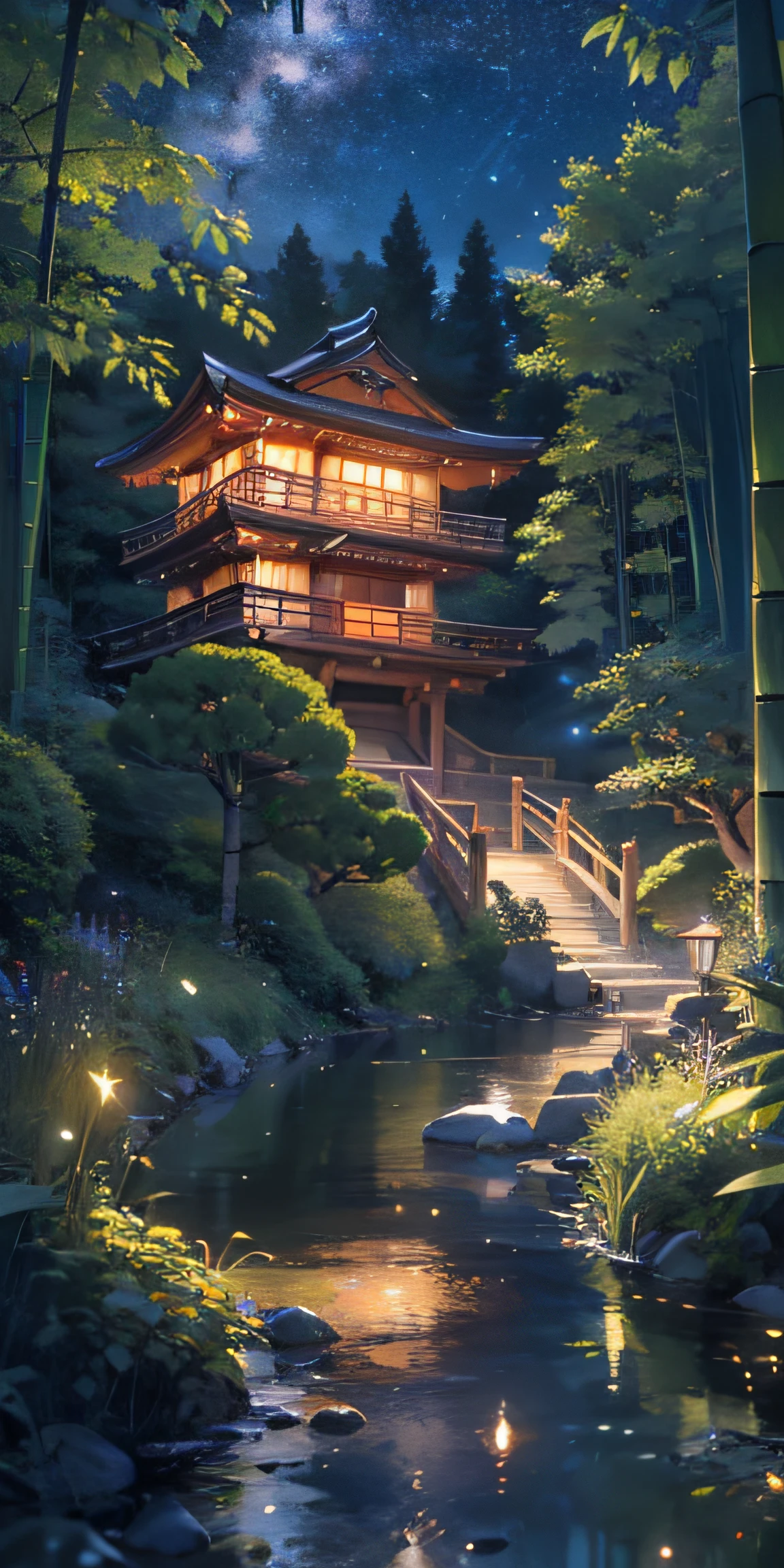 Japanese garden, small bridge and flowing water, night starry sky, summer night sky, fireflies, bamboo forest, extreme details, realistic light, epic composition, (complex details), (complex design, ultra-detail: 1.2), art station, (Masterpiece, Best Quality), Ultra HD, 32k