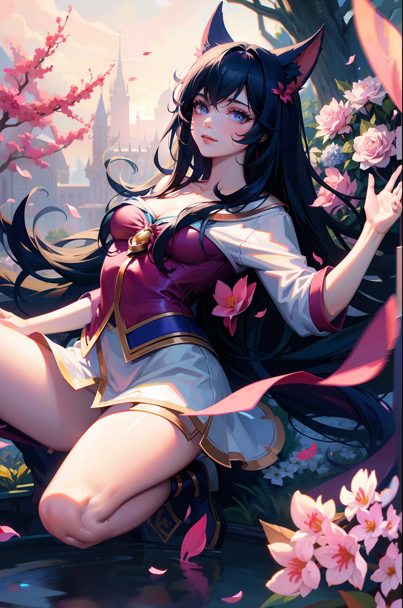 ahri, ahri_\(league_of_legends\),  (very detailed background:1.0), (highly detailed background:1.0), masterpiece, best quality, solo, (happy), long hair, black hair, open arms, flower field, flowers:2, motion blur, roses, tulips, (summer:1.2), chromatic aberration, depth of field, soft lighting, highly detailed face, highly detailed eyes, smile, (flower pettals falling)