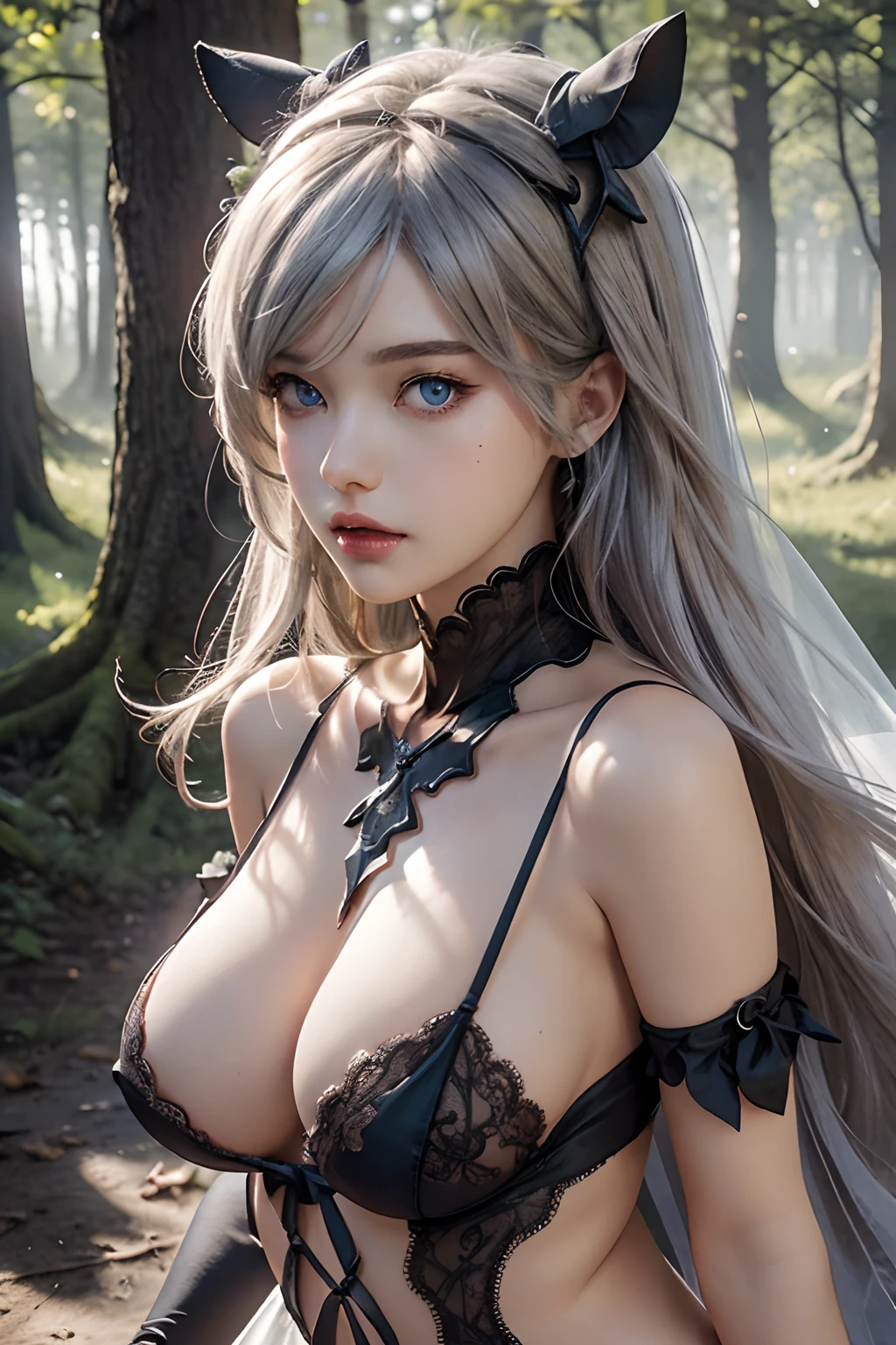 weddingdress、The nipple is visible、Colossal tits、No panties、Show pubic hair、toppless、no-bra、No panties、sensual breasts、 2 Type B、Nier Automata 2b、shairband、Hi-Res、Shaded face、Blue eyes、Ash gray hair、forest、Sunlight、chies