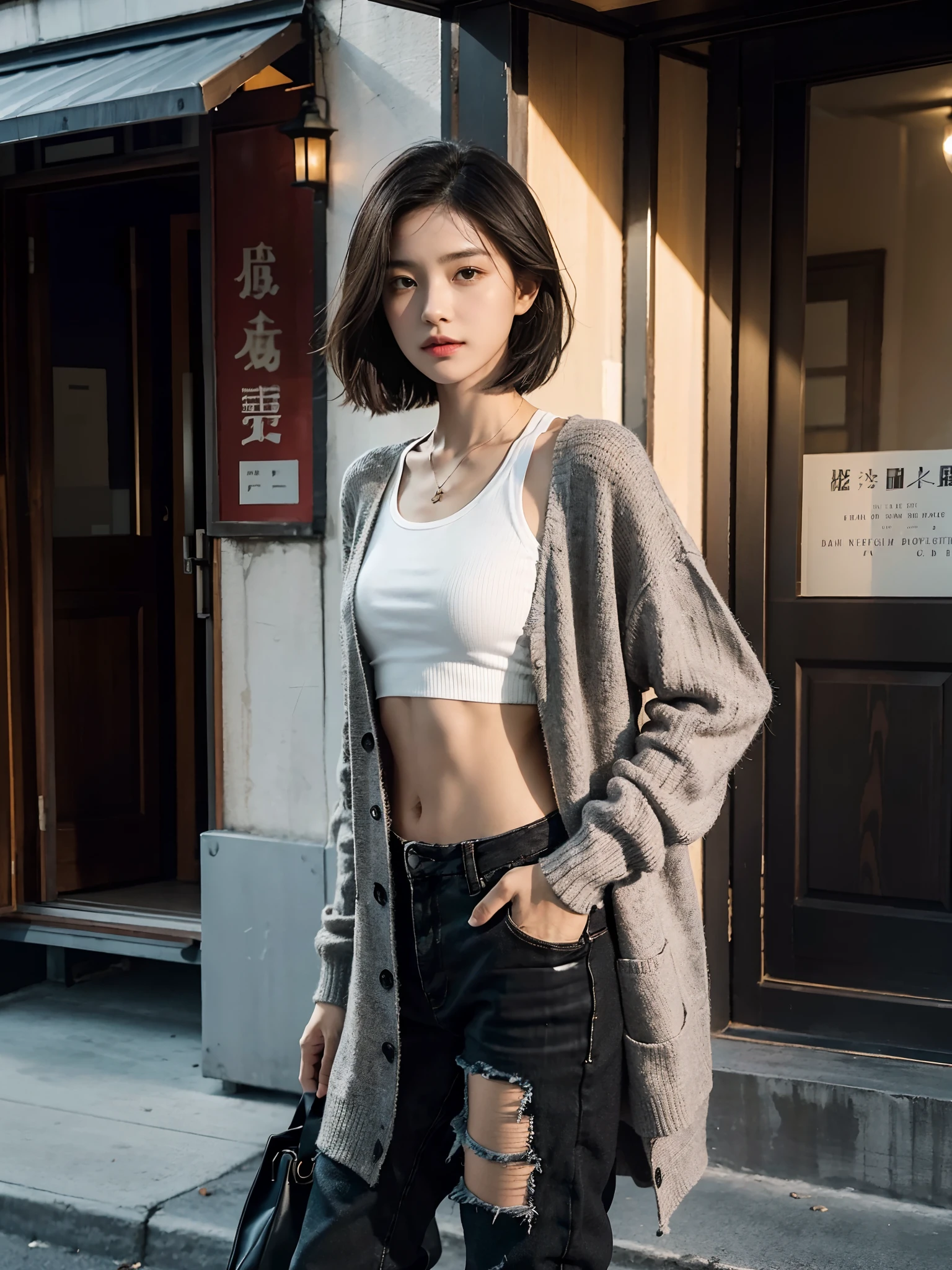((smallunderboob,Tomboyish,small heads)), (Well-defined abs: 1.1), (perfect bodies: 1.1), (short-length straighthair: 1.2), Black hair, upper body photos, attractive collarbone，nabel，（极其细致的CG 8k壁纸），（Extremely refined and beautiful），（tmasterpiece），（best qualtiy：1.0），（超A high resolution：1.0），beautiful light up，Perfect lightning，realistic shaded，[A high resolution]，Smooth and flawless fair skin，ultra - detailed ，Light gray thin cardigan，Gilet blanc，Very tattered black beggar pants，There are a lot of particularly large holes in the pants，black military boots，Elongated legs，flatchest，Slim，emaciated，at the doorstep of a school，on the roadside，A sea of people，are standing，Dusk light，summertime，Cup of coffee in hand