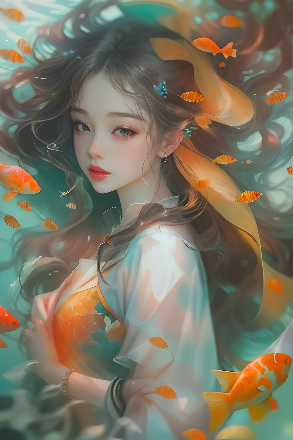 The background is the underwater world，Portrait of a beautiful girl in the underwater world，curlies，Long hair flowing in the water，Beautiful koi，Garnish with coral，Marine life,The corals,Rochas,Messy painting style,Beautiful digital illustration, by Yang J, A beautiful artwork illustration, Beautiful digital artwork, By Li Song, By Ni Tian, in the art style of bowater, Exquisite digital illustration, inspired by Yanjun Cheng, stunning digital illustration, beautiful digital painting, Guviz-style artwork