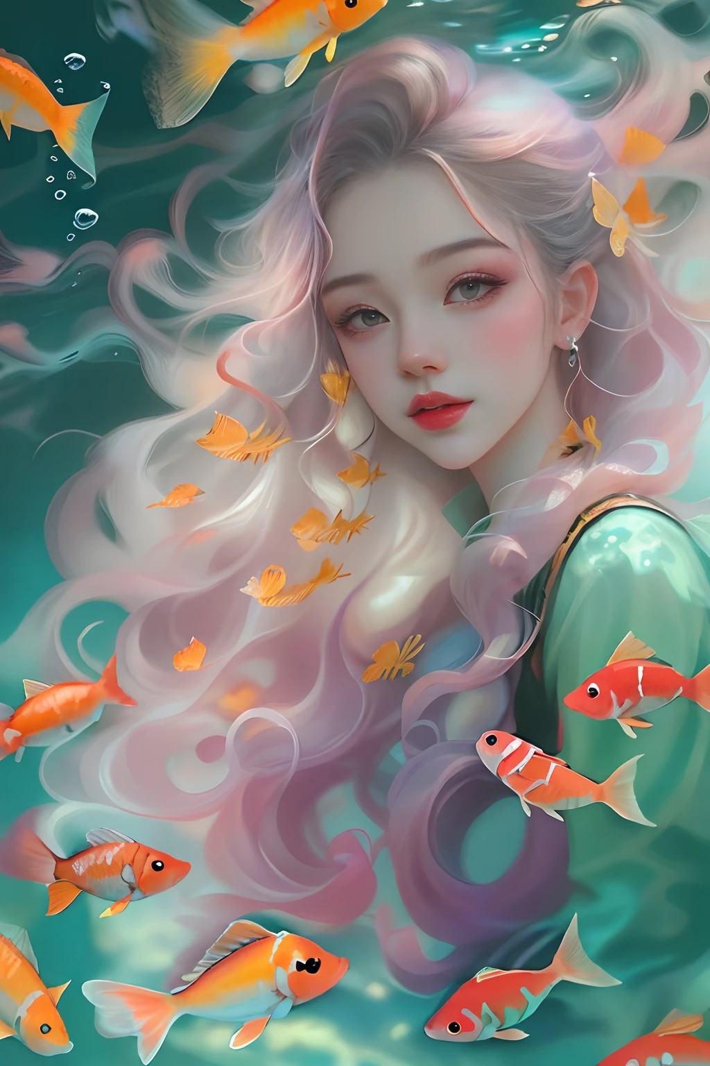 The background is the underwater world,Portrait of a beautiful girl in the underwater world,curlies,Long hair flowing in the water,Beautiful koi,Garnish with coral,Marine life,The corals,Rochas,Messy painting style,Beautiful digital illustration, by Yang J, A beautiful artwork illustration, Beautiful digital artwork, By Li Song, By Ni Tian, in the art style of bowater, Exquisite digital illustration, inspired by Yanjun Cheng, stunning digital illustration, beautiful digital painting, Guviz-style artwork