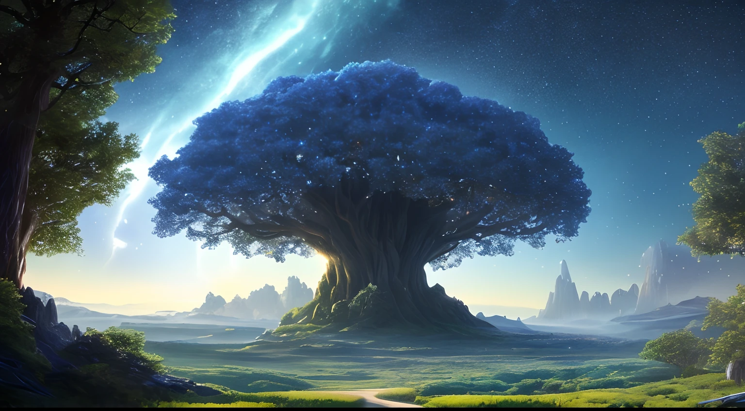 Illustration of a hyperrealistic , otherworldly, ultrasky scene featuring a giant crystal tree full body,very detailed and magical lighting, intricate forest details, vegetation and river around, solarpunk ,landscape, giant tree, beatifull leafy with beautiful lighting and realistic proportions, as if it were a cinematic background, 8k, highest quality, masterpiece, clouds and stars in the sky.