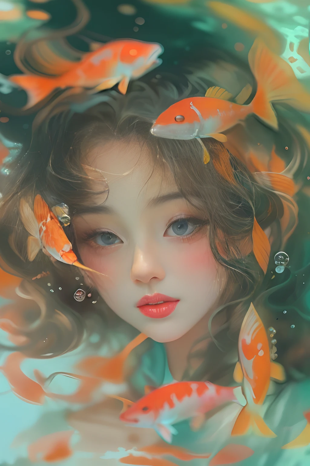 The background is the underwater world,Portrait of a beautiful girl in the underwater world,curlies,Long hair flowing in the water,Beautiful koi,Garnish with coral,Marine life,The corals,Rochas,Messy painting style,Beautiful digital illustration, by Yang J, A beautiful artwork illustration, Beautiful digital artwork, By Li Song, By Ni Tian, in the art style of bowater, Exquisite digital illustration, inspired by Yanjun Cheng, stunning digital illustration, beautiful digital painting, Guviz-style artwork