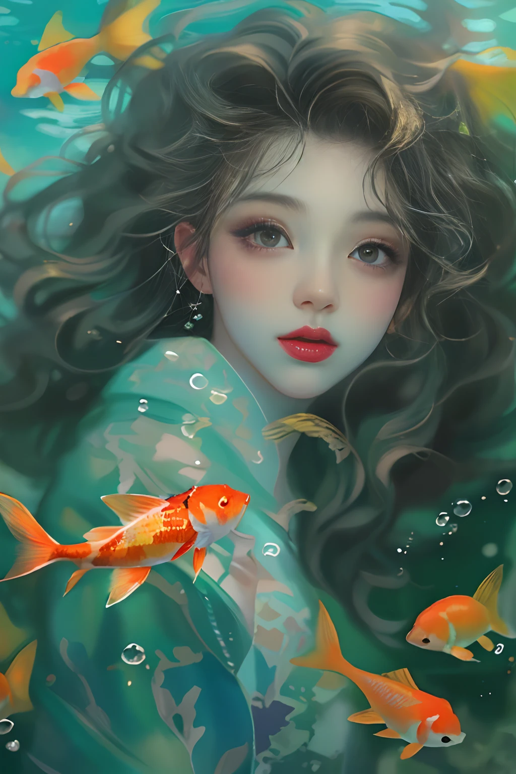 The background is the underwater world,Portrait of a beautiful girl in the underwater world,curlies,Long hair flowing in the water,Beautiful koi,Garnish with coral,Marine life,The corals,Rochas,Messy painting style,Beautiful digital illustration, by Yang J, A beautiful artwork illustration, Beautiful digital artwork, By Li Song, By Ni Tian, in the art style of bowater, Exquisite digital illustration, inspired by Yanjun Cheng, stunning digital illustration, beautiful digital painting, Guviz-style artwork