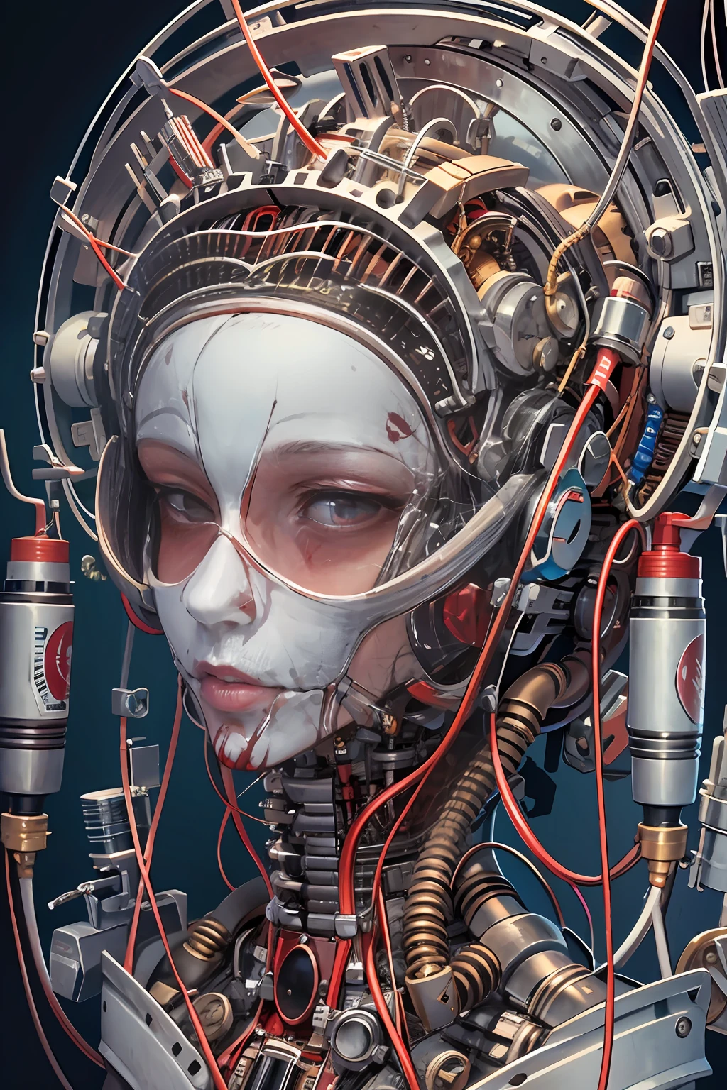 1mechanical girl,((ultra realistic details)), portrait, global illumination, shadows, octane render, 8k, ultra sharp,metal,intricate, ornaments detailed, cold colors, egypician detail, highly intricate details, realistic light, trending on cgsociety, glowing eyes, facing camera, neon details, machanical limbs,blood vessels connected to tubes,mechanical vertebra attaching to back,mechanical cervial attaching to neck,sitting,wires and cables connecting to head