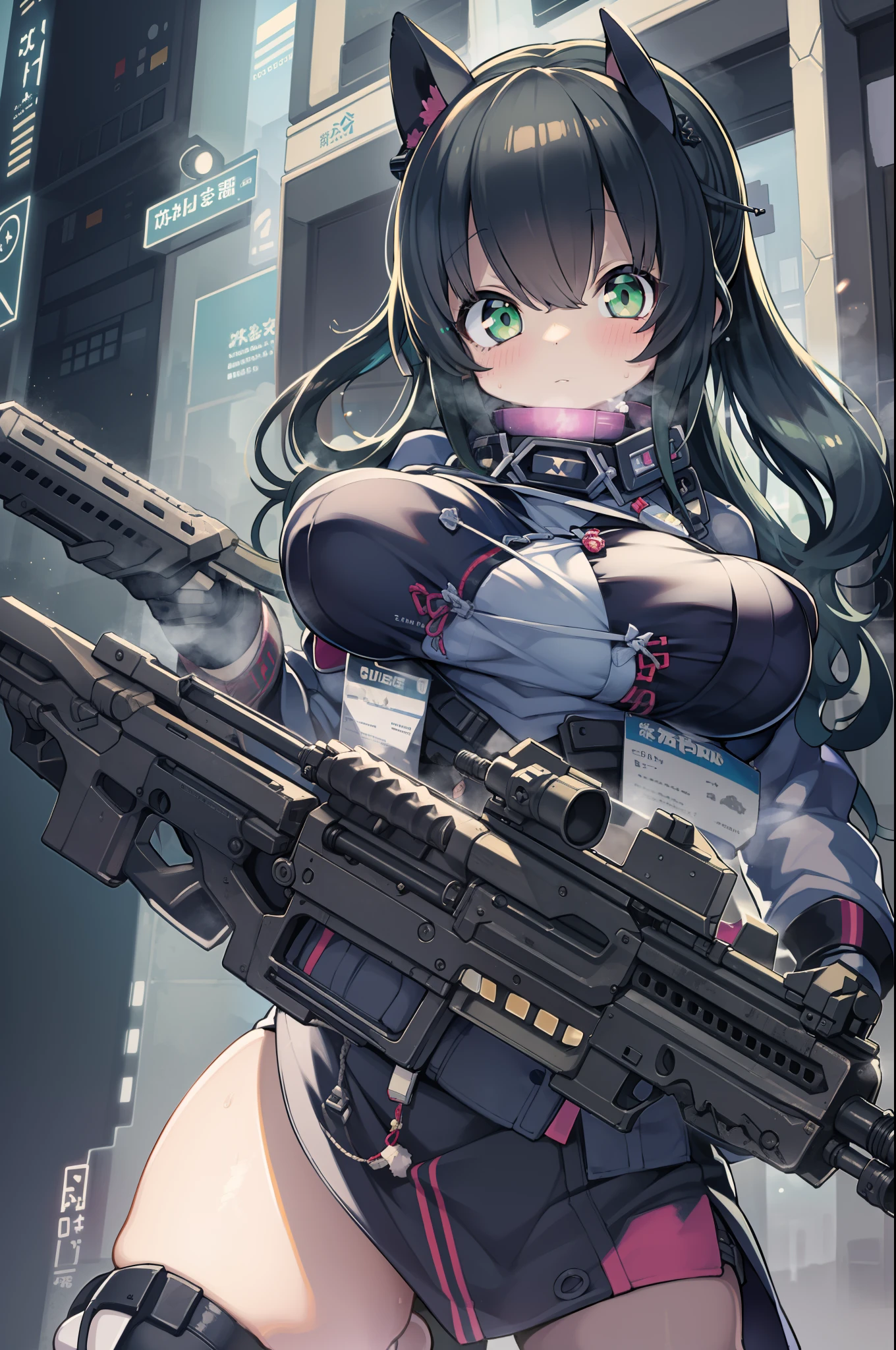 Hold a huge assault rifle、Long sideburns、Anime-style girl with beautiful whole body, clean detailed faces, ciber,analogous colors, Glowing shadows, beautiful gradients, depth of fields, CLEAN IMAGE, High quality,Black Parker Clothing、 high detailing, High Definition, blush, Fit, Heavenly Beauty, Very detailed, Soft lighting, Full body,Green&Black hair,Green eyes、huge-breasted、From below、crouching