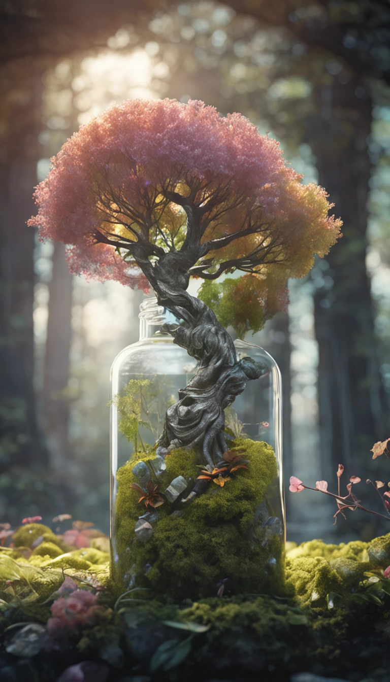 A dreamy art tree in a bottle, fluffy, realistic, photographic, canon, dreamy, artistic, splendid leaves and branches with flowers above its head. Greg Rutkowski's Ultra Detailed Photo Realism - H1024W 804 | F16 Lens Markers 2:2 S 35555 mm Film Particles: 1 Realistic High Resolution Sharp Focus Contrast!! The intricate and detailed atmospheric refractive lighting in Octane, Unreal Engine 5's cinematic concept cinematography masterpiece, presents the trend of CGSociety