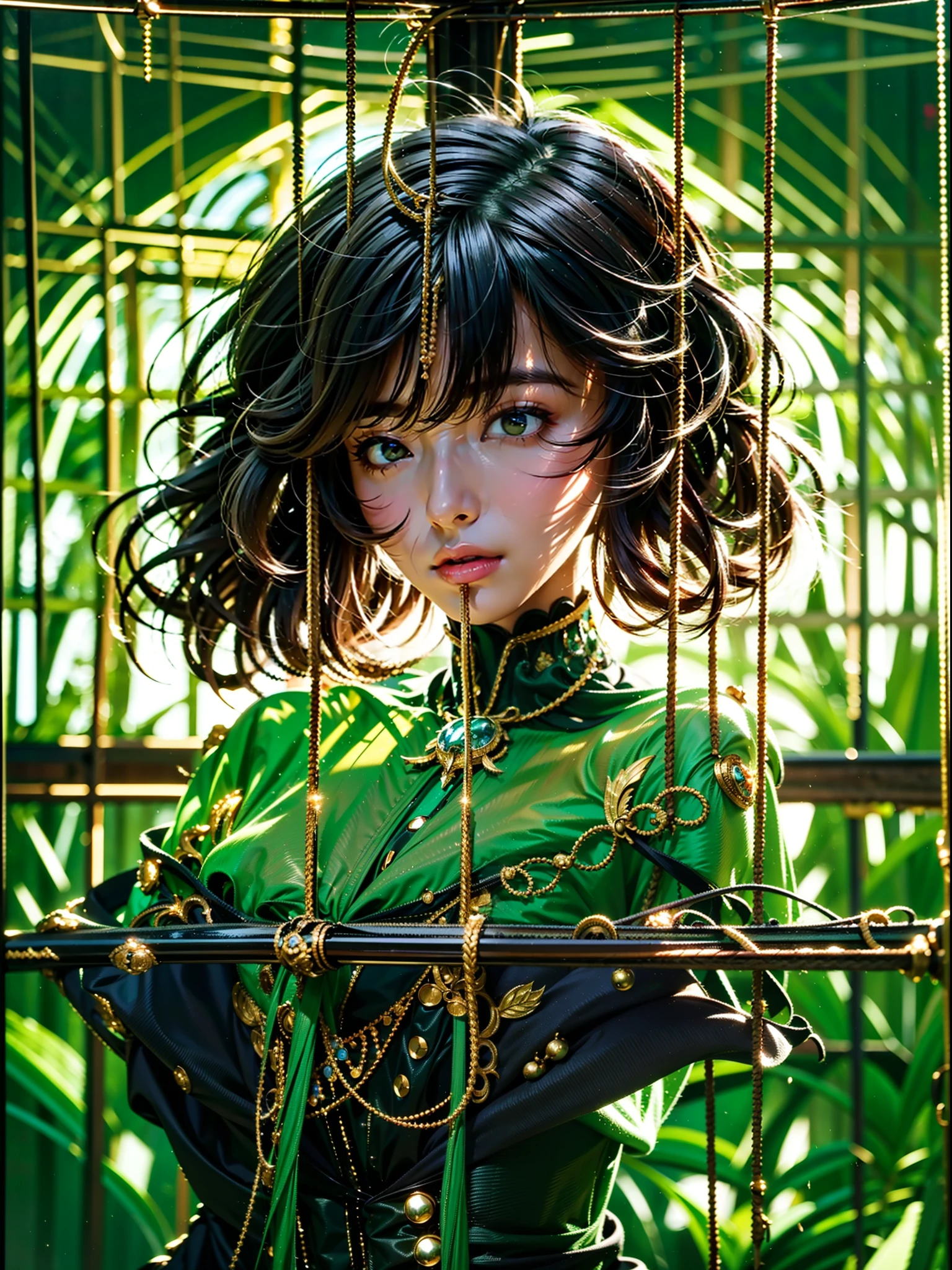 a silhouet of beautiful princess pryed in a big cage made of gold. (masterpiece), realistic, (portrait of a caucasian girl),very white skin, beautiful face, sunlight, cinematic light, bangs, a beautiful woman, beautiful eyes, black hair,  long hair, perfect anatomy, very cute, princess eyes , (green eyes) , red lips, (frame the head), Centered image, stylized, bioluminescence, 8 life size,8k Resolution, wonder full, elegant, approaching perfection, dynamic, highly detailed, character sheet, concept art, smooth, facing directly at the viewer positioned so that their body is symmetrical and balanced, stunningly beautiful teenage girl, detailed hairstyle. whitie dress. No fringe