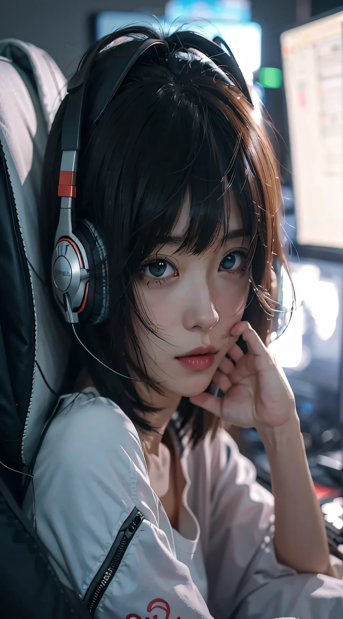Anime girl sitting in front of computer wearing headphones, style of anime4 K, Guviz-style artwork, Anime style. 8K, Realistic anime 3 D style, Smooth anime CG art, Ilya Kuvshinov. 4 k'', Guviz, 4K anime wallpaper, Anime art wallpaper 4k, Digital anime art