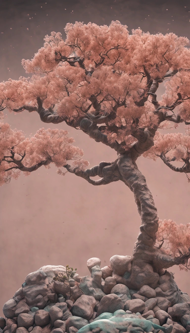 Plants, Snowflakes (Food Bar), Still Life, Winter, Peach Blossoms, Rock Garden, Bonsai Fog, Haze, Fine Details, Ultra Fine Details, Intricate Details, Film Style, Surrealist Soft Light, Studio Lighting, Diffuse Soft Light, Shallow Depth of Field, Sharp Focal Cluster, Ray Tracing, Subsurface Scattering, Ultra-detailed (Complex, Detailed, Ultra-Refined) Detail, Surrealism.