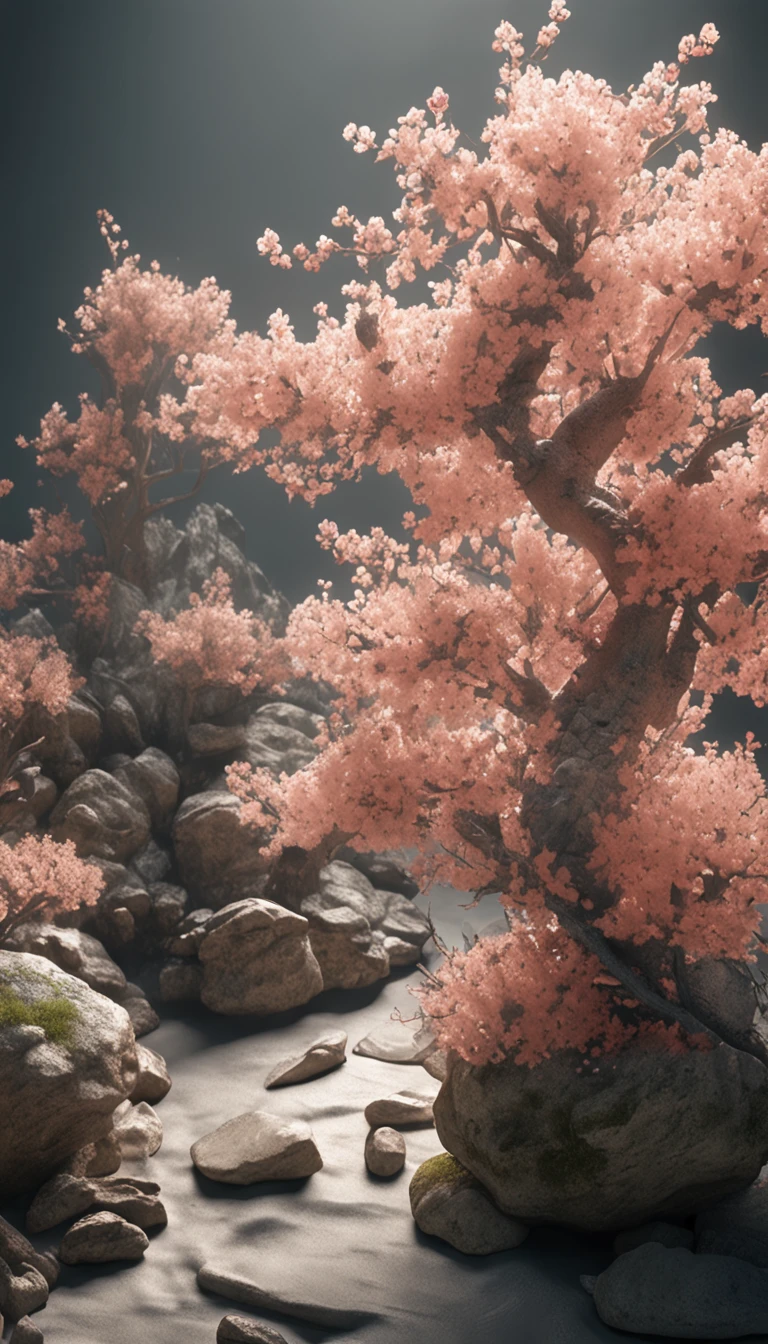 Plants, Snowflakes (Food Bar), Still Life, Winter, Peach Blossoms, Rock Garden, Bonsai Fog, Haze, Fine Details, Ultra Fine Details, Intricate Details, Film Style, Surrealist Soft Light, Studio Lighting, Diffuse Soft Light, Shallow Depth of Field, Sharp Focal Cluster, Ray Tracing, Subsurface Scattering, Ultra-detailed (Complex, Detailed, Ultra-Refined) Detail, Surrealism.