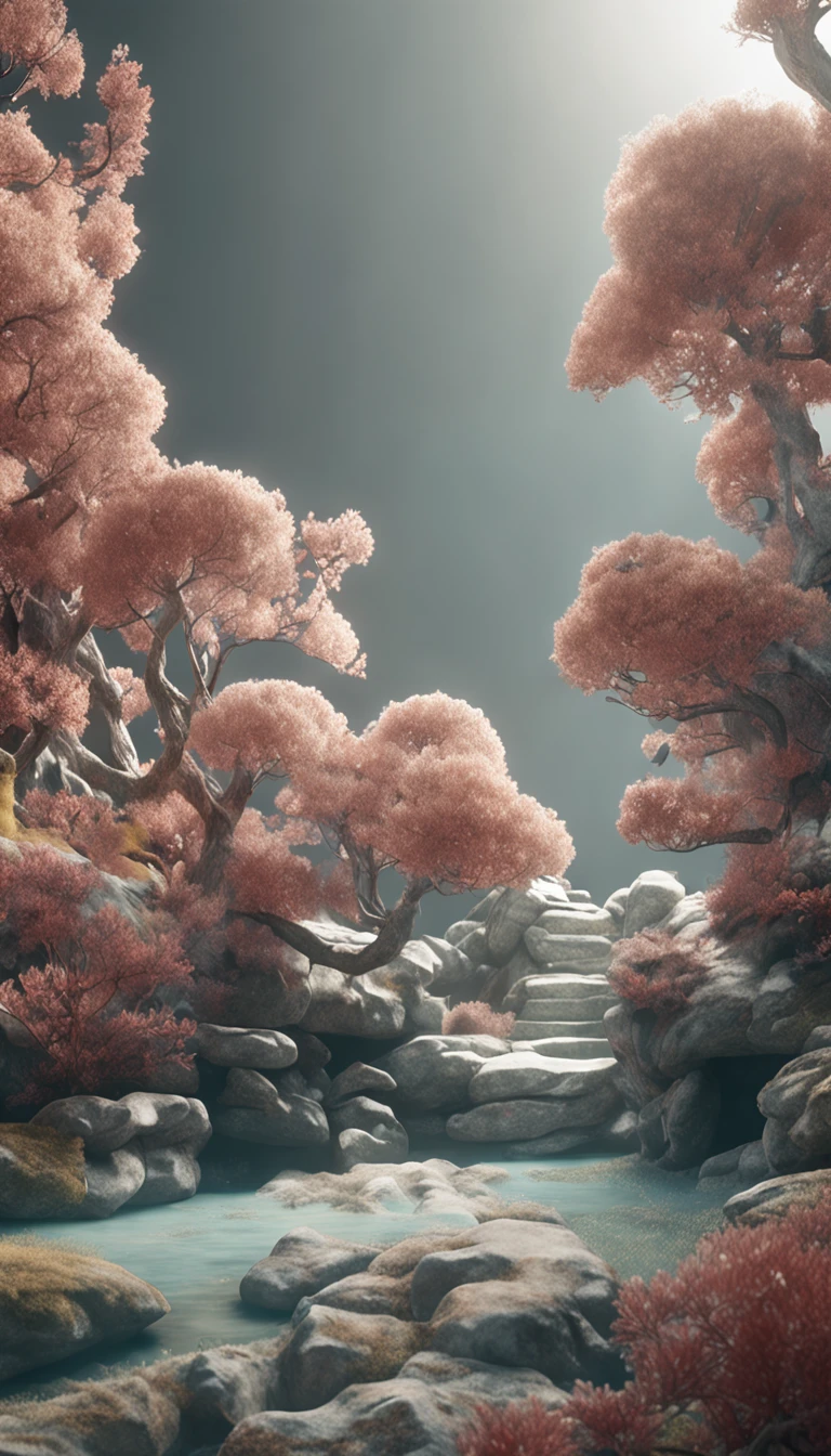 Plants, Snowflakes (Food Bar), Still Life, Winter, Peach Blossoms, Rock Garden, Bonsai Fog, Haze, Fine Details, Ultra Fine Details, Intricate Details, Film Style, Surrealist Soft Light, Studio Lighting, Diffuse Soft Light, Shallow Depth of Field, Sharp Focal Cluster, Ray Tracing, Subsurface Scattering, Ultra-detailed (Complex, Detailed, Ultra-Refined) Detail, Surrealism.
