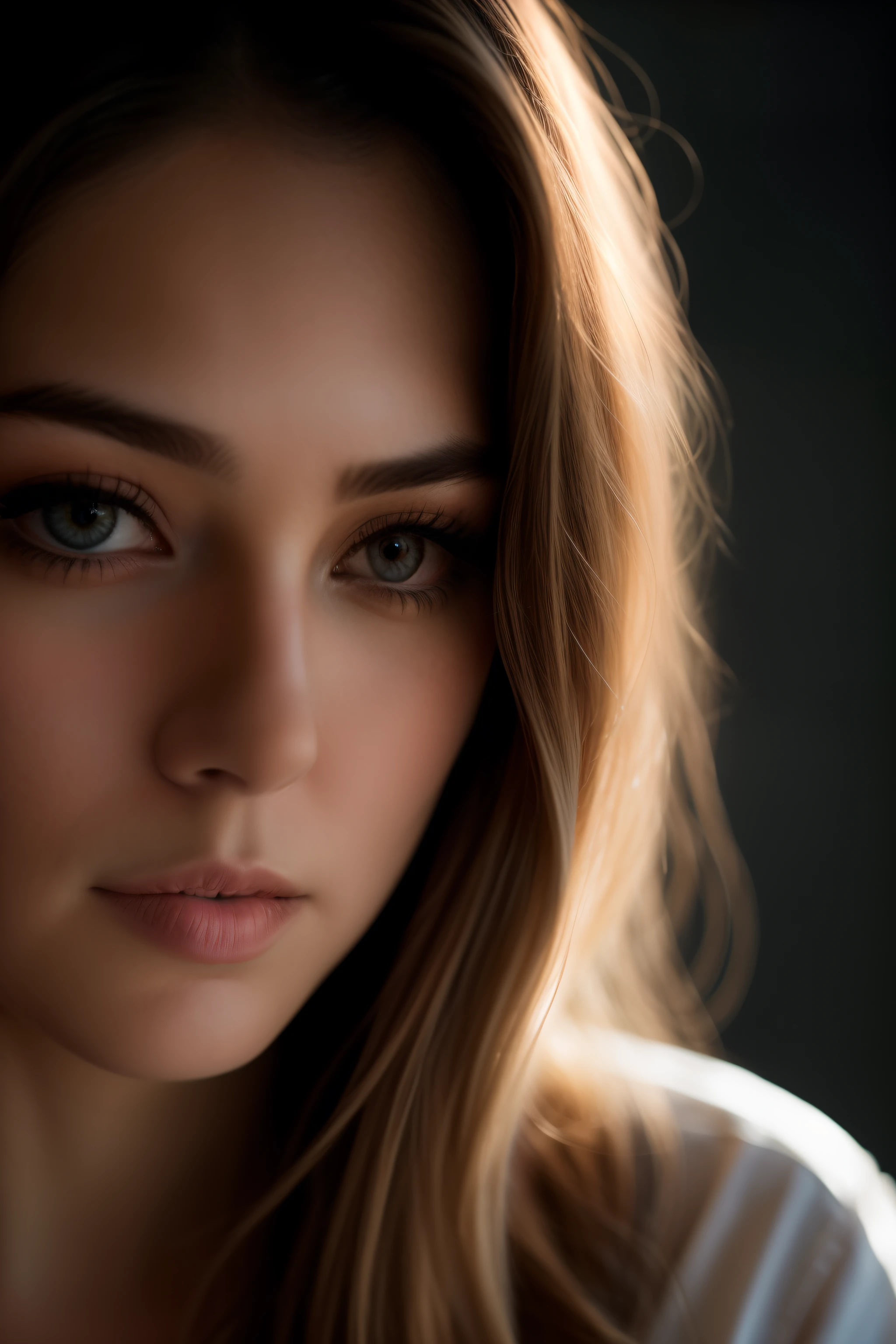 there is a woman with long hair and a white shirt, soft portrait shot 8 k, medium portrait soft light, portrait soft light, portrait soft low light, realistic face moody lighting, beautiful portrait lighting, 50mm portrait, 60mm portrait, cinematic headshot portrait, 7 0 mm portrait, close up face portrait, soft lighting and focus