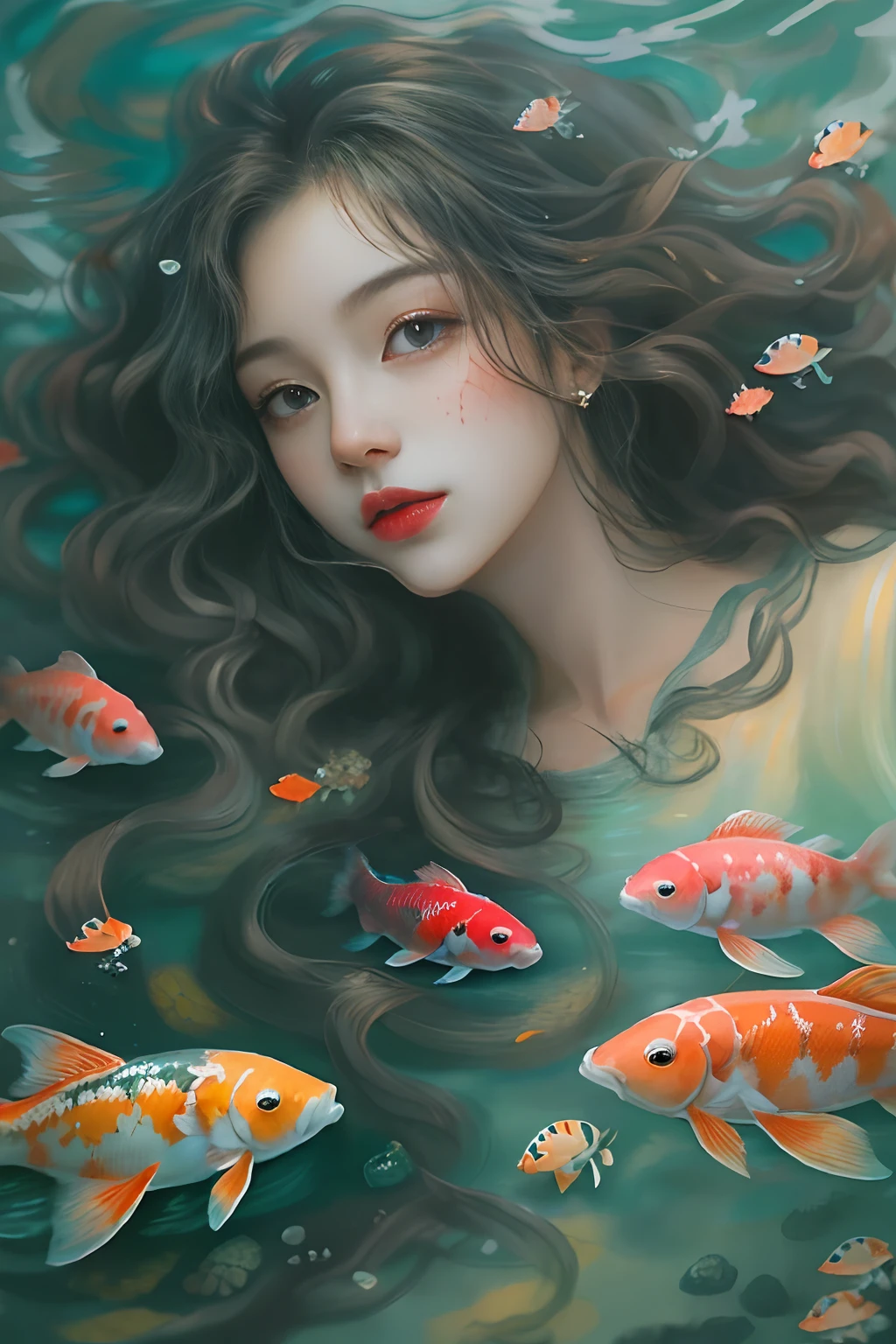 The background is the underwater world,Portrait of a beautiful girl in the underwater world,curlies,Long hair flowing in the water,Beautiful koi,Garnish with coral,Marine life,The corals,Rochas,Messy painting style,Beautiful digital illustration, by Yang J, A beautiful artwork illustration, Beautiful digital artwork, By Li Song, By Ni Tian, in the art style of bowater, Exquisite digital illustration, inspired by Yanjun Cheng, stunning digital illustration, beautiful digital painting, Guviz-style artwork