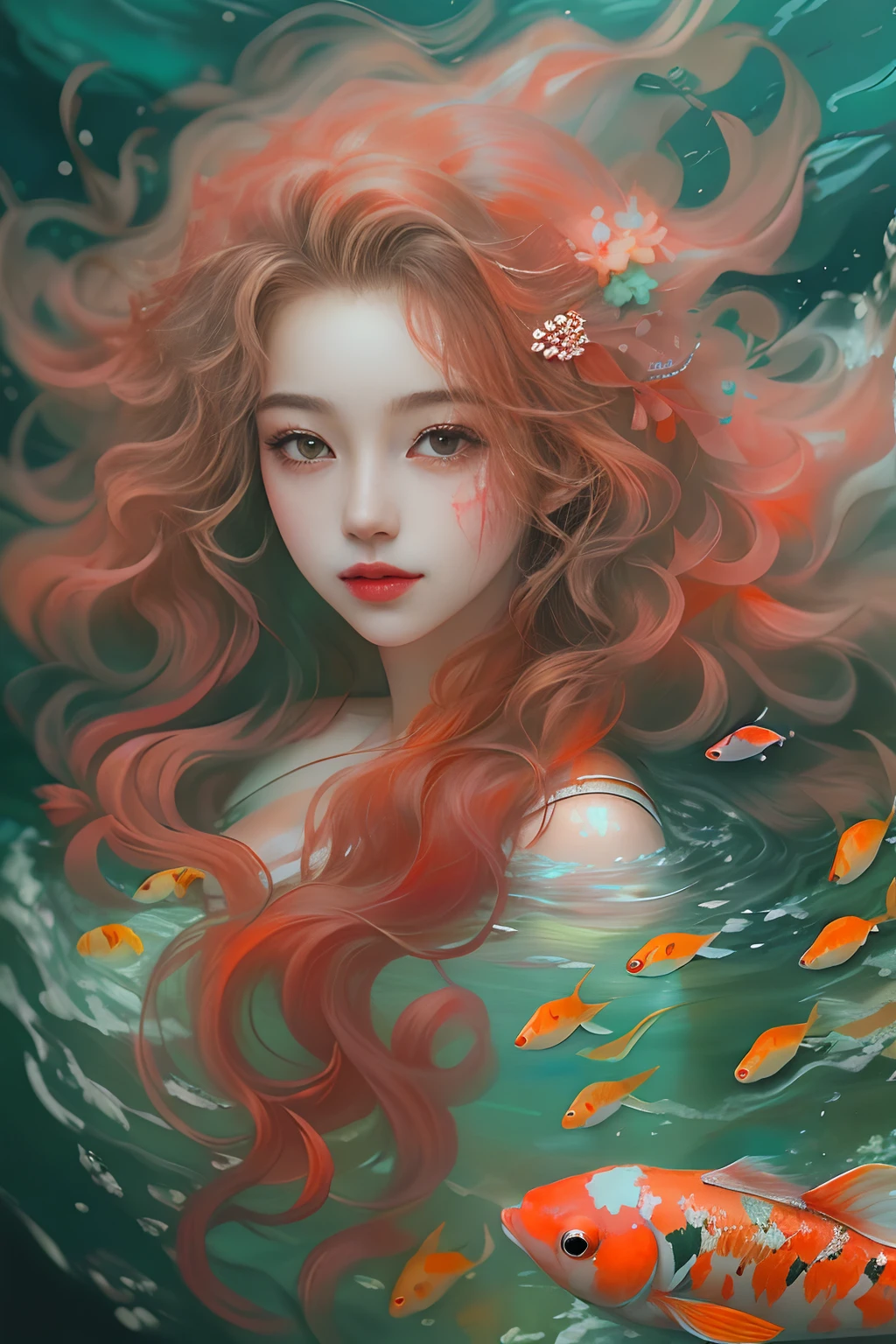 ocean floor,Portrait of a beautiful girl,curlies,Long hair flowing in the water,Beautiful koi,Garnish with coral,Messy painting style,