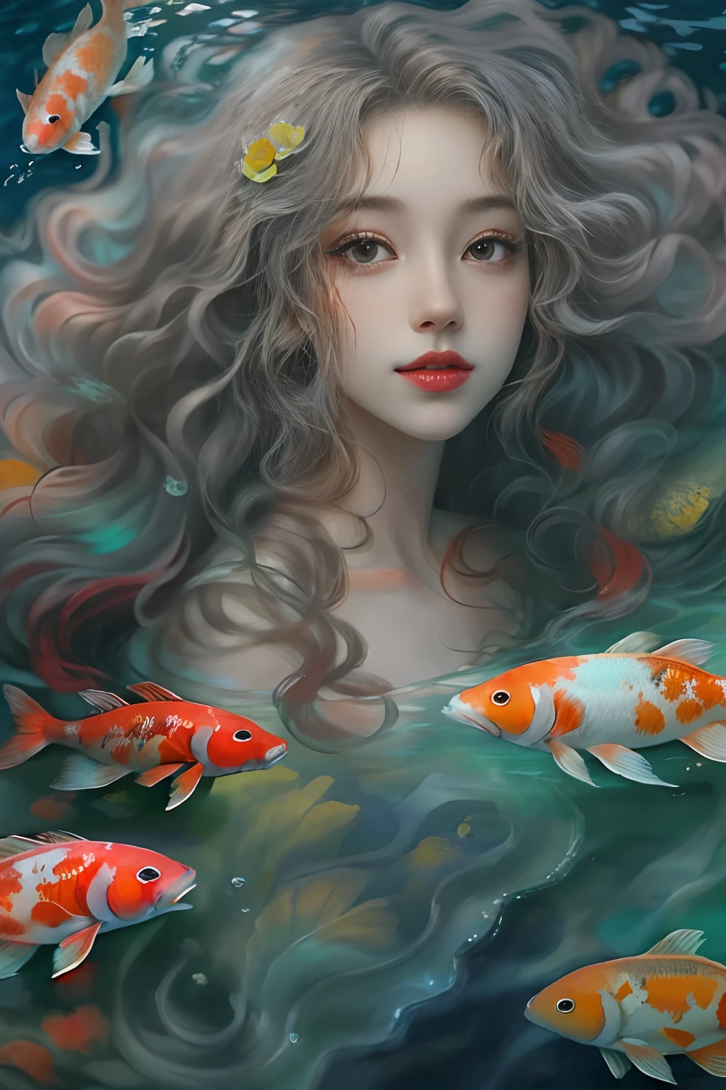 Painting of a woman with long hair and fish in the water - SeaArt AI