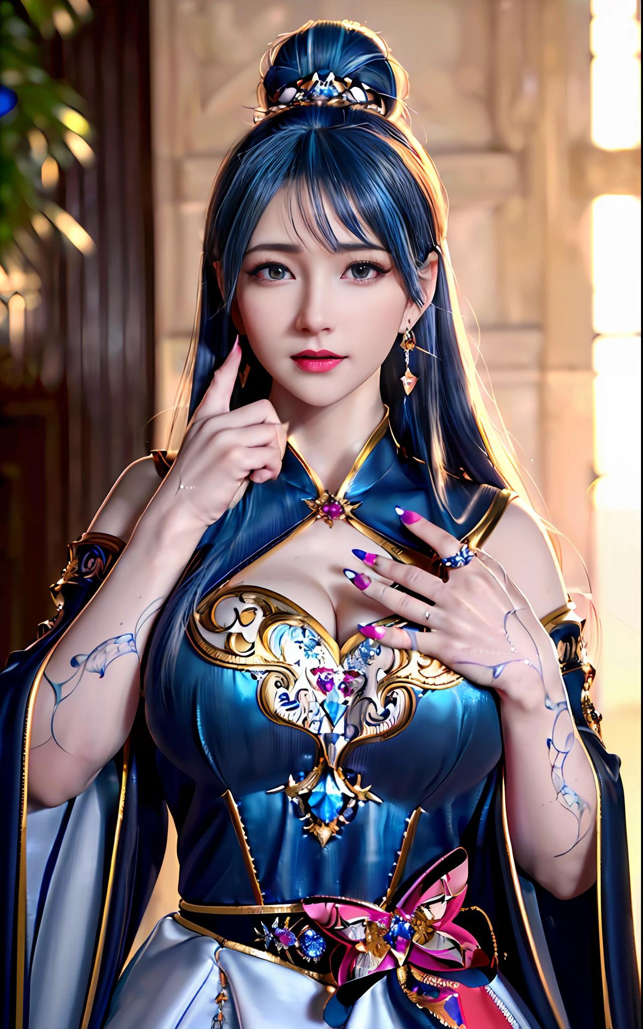 ((realisticity: 1.2)), ((realistic: 8K UHD)), ((best resolution: 8K UHD)), hyper detailed, best quality,masterpiece,highres,cg, ((1 girl hyper detailed and hyper realistic) ) , ((beautiful queen, hyper realistic and hyper detailed)),((white skin, beautiful, smooth, youthful, hyper realistic and hyper detailed )), ((Face hyper beautiful, white, hyper realistic and hyper detailed ) ), long hair, ((hyper realistic and hyper detailed dress)), solo, ((hyper realistic, hyper beautiful, beautiful and hyper detailed jewelry)), ((hyper beautiful deep red and golden yellow dress, hyper realistic and hyper detailed )) , ((Her pretty, hyper realistic, hyper detailed diamond filled earrings)), ((Her gorgeous diamond haircut, hyper realistic and hyper detailed)), ((hyper pretty upper body, hyper beautiful, hyper realistic and hyper detailed) ), ((medium breast: 1.1)), ((hyper realistic, hyper pretty, hyper detailed boobs)), ((the backgroun of the royal palace is hyper majestic, hyper realistic and hyper detailed)),((hands and palms hyper beautiful, hyper detailed, hyper realistic)), ((hyper detailed and hyper realistic fingers and fingernails)), ((hyper pretty fingernails, hyper vivid, hyper detailed, hyper realistic)), ((thumb, index finger, middle finger, ring finger, little finger hyper vivid, hyper pretty, hyper detailed, hyper realistic)), ((hyper beautiful fingers, hyper detailed, and hyper realistic)), ((posture not too fat and not too thin, hyper realistic, hyper detail)), ((hyper pretty, hyper pretty, hyper realistic and hyper detailed hair bun)), ((hyper pretty , hyper realistic and hyper detailed blue hair)), candid, Photo, high resolution, 8k , bokeh,