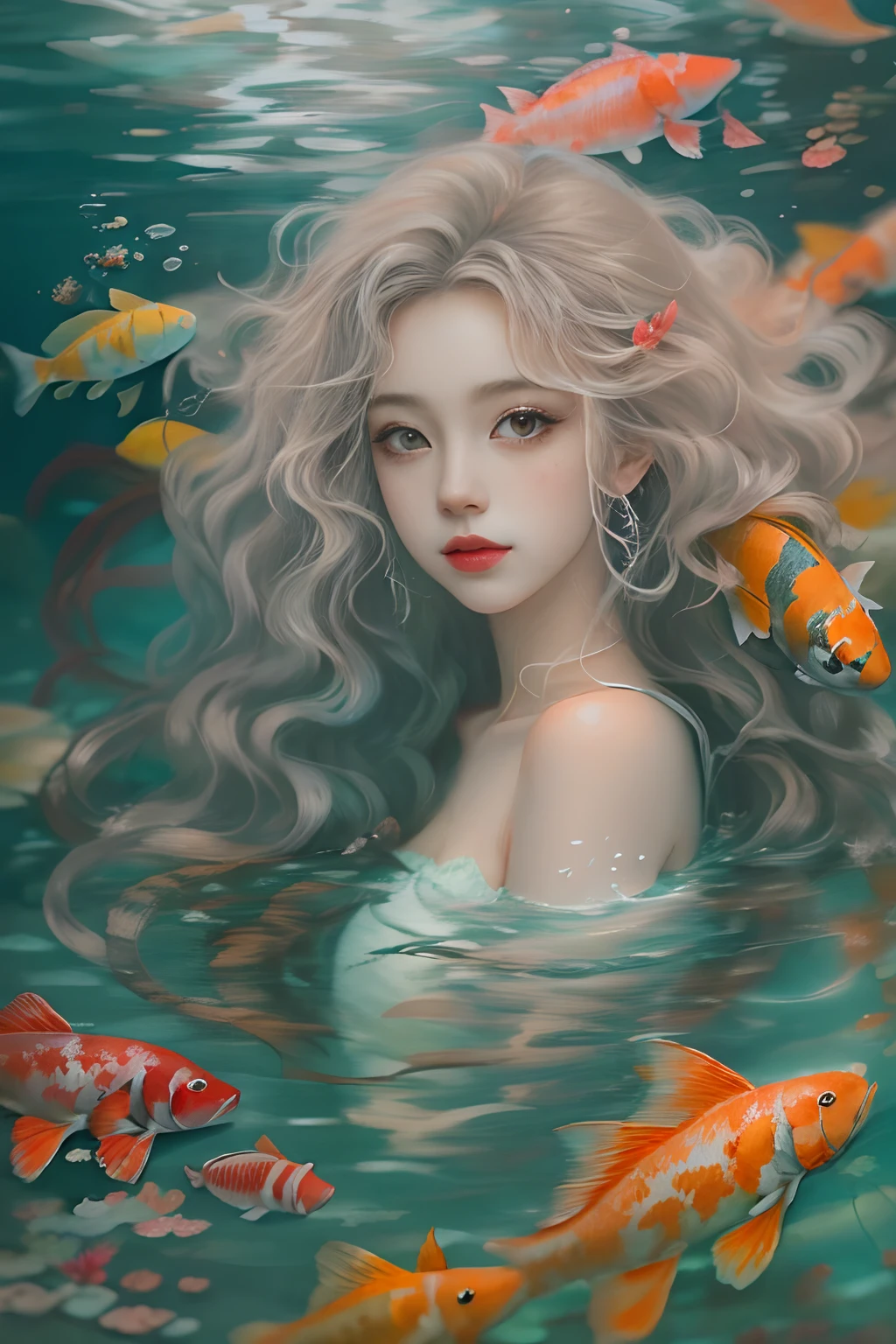 ocean floor，Portrait of a beautiful girl，curlies，Long hair flowing in the water，Beautiful koi，Garnish with coral，Messy painting style，