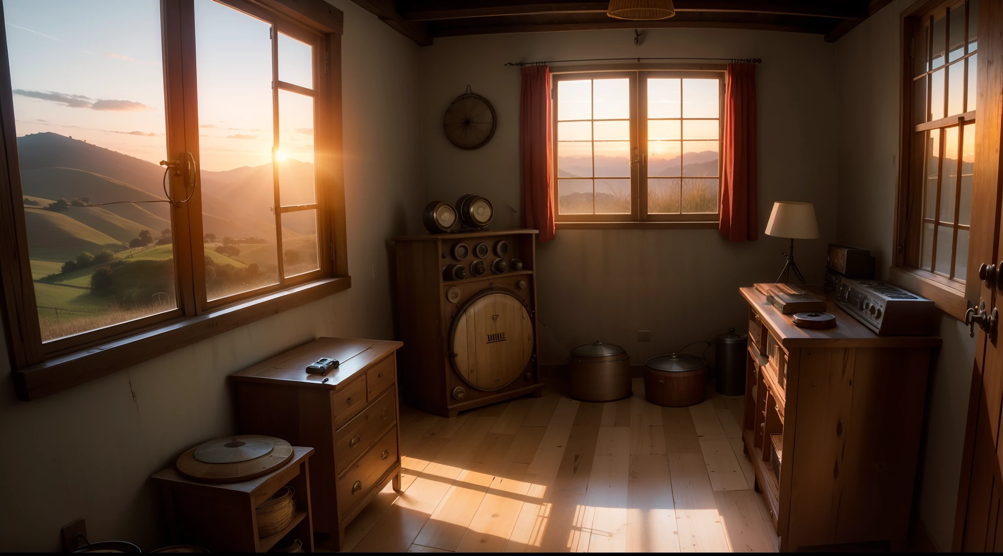 A ROOM IN A HUMBLE HOUSE WITH A RUSTIC TABLE WITH AN OLD DRUM RADIO ON TOP. MEIO RURAL. REAL PICTURE WITH NATURAL SUNSET LIGHTING.