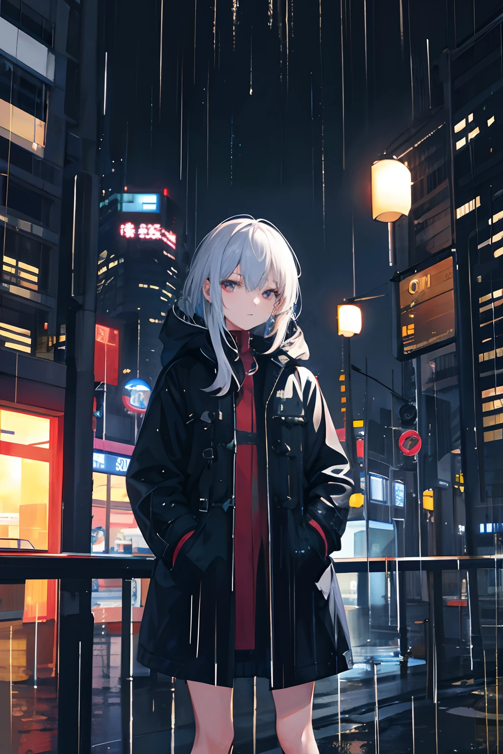 1girl, Night City, rain, coat, hands in pockets