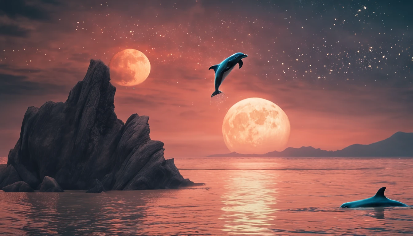 Best quality, Masterpiece, 超高分辨率, Realistic photos, Surrealism is dreamlike and lifelike,fusionart, Greater Bay Area，Dolphins leap from the surface of the sea，A huge moon over the sea，calm seas，16K quality