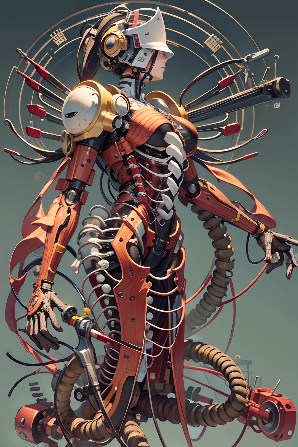 ((((masterpiece))), ((best quality))), ((ultra-detailed)), (CG illustration), ((an extremely delicate and beautiful)),(from side),cinematic light, ((1 mechanical girl)), single, full-body, (machine-made joint: 1.2), ( (mechanical limbs)), (blood vessels connected to tubes), (mechanical spine connected to back), ((mechanical cervical vertebrae attached to neck)), (sitting), forced laughter, (wires and cables around the neck: 1.2), (wires and cables on the head: 1.2) (character focus), sci-fi, extremely thin, colored, the finest white hair, red eyes, in battle, (knotted), (killing), (1 immortal)