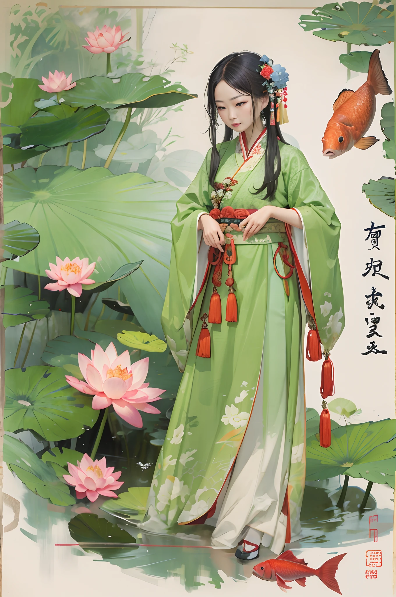 In front of the pond stood a woman in a green dress, Carp on the side， A girl in Hanfu, full-body xianxia, author：Qu Leilei, G Liulian art style, author：Shitao, by Yang J, Inspired by Bian Shoumin, Beautiful character painting, standing gracefully upon a lotus, with acient chinese clothes