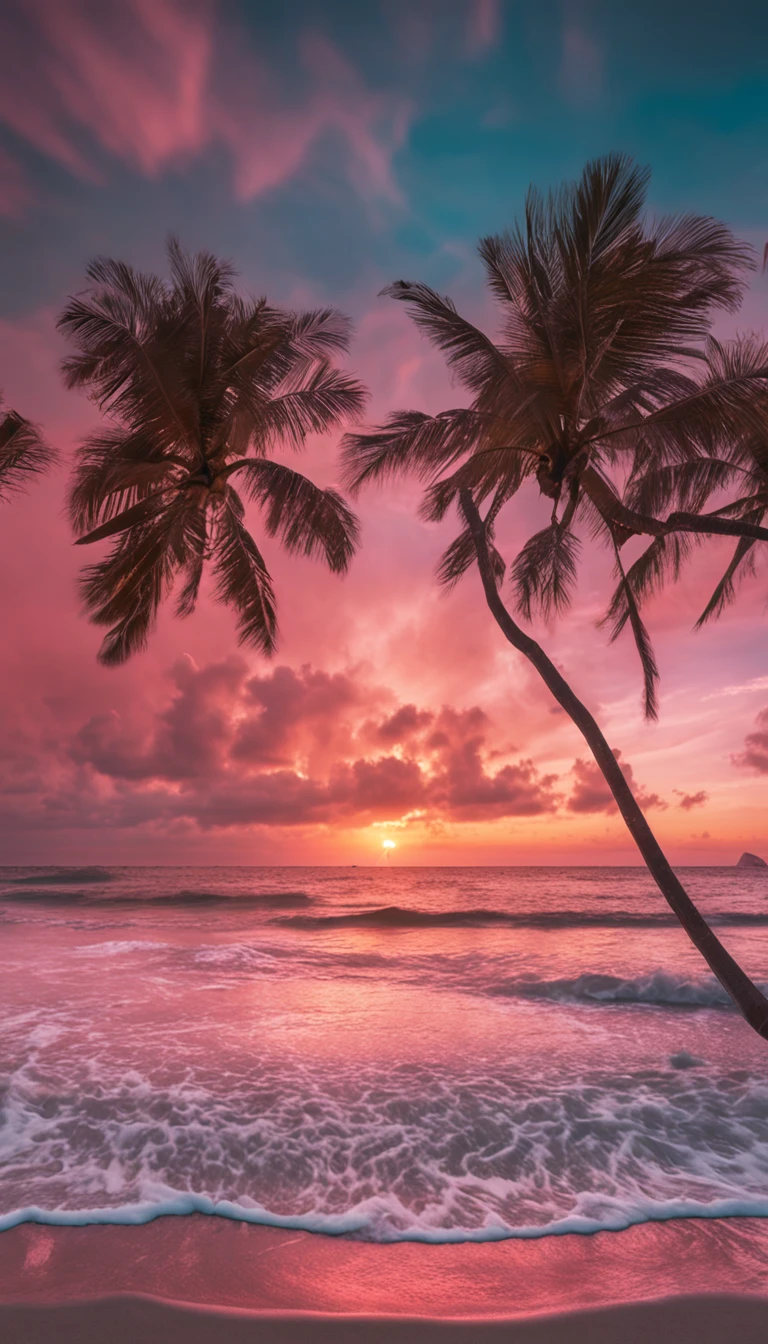 Absolutely mesmerizing sunset on the beach with a mix of oranges, pinks and yellows in the sky. The water is crystal clear, gently kissing the shore, and the white sand is endless. The scenes are action-packed and breathtaking, with seagulls soaring high in the sky and palm trees swaying gently. Immerse yourself in the calm atmosphere and let the serenity surround you.