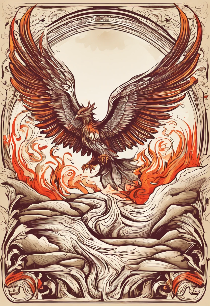 phoenix,cultivating immortals,water ink,High hills,self-assured,Fairy wind road bone,Blood flow in the background,The golden badge of the Flame Phoenix, brightly, A majestic, All attention was focused on the details of the phoenix burning, stunning atmosphere,Rich gold and red color palette,