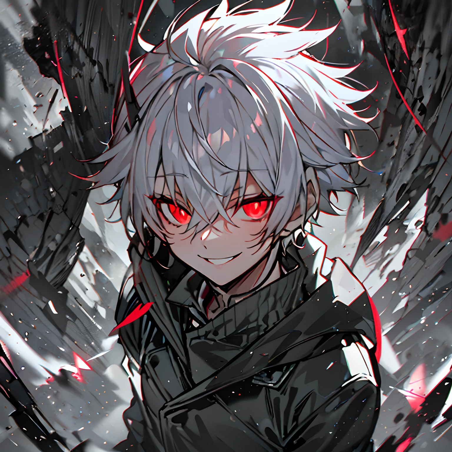 Anime boy with white hair and red eyes stares at camera, Glowing red eyes,slim, dressed in a black outfit,Shadow Body,monochromes,hair messy,Aggressive smile,Bad smile,Diagonal angle