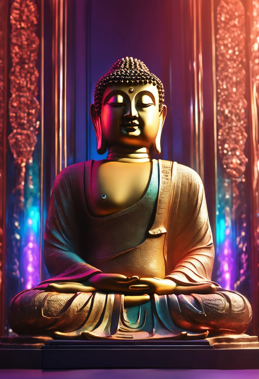 Buddha statue made of glass，Colored light，Nikon D850 Cinematography 4, --ringworm, --S100, Greg Rutkowisk, rendering, 16k , rendering, EOS Digital Rebel T100 18-55mm,