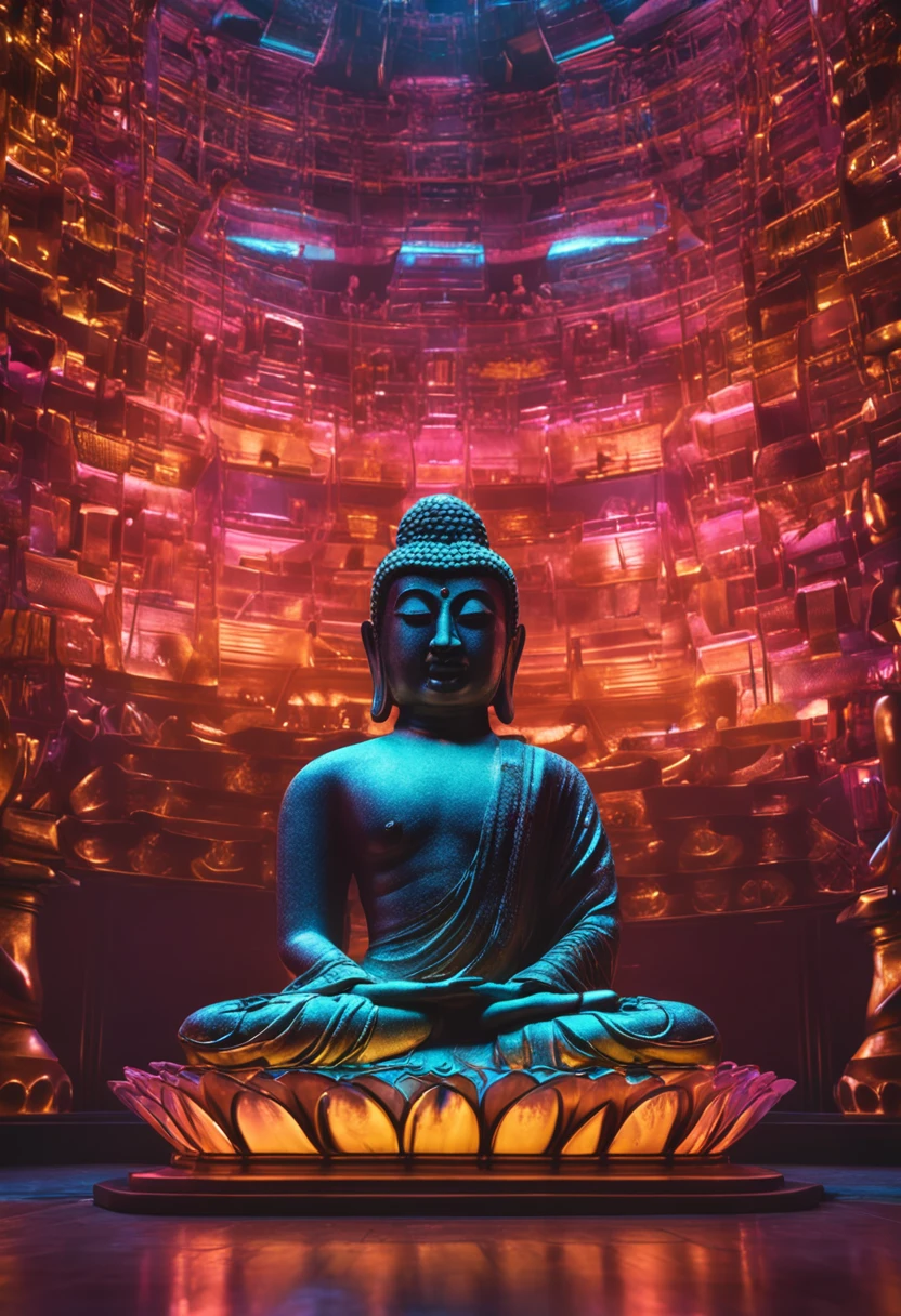 Buddha statue made of glass，Colored light，Nikon D850 Cinematography 4, --ringworm, --S100, Greg Rutkowisk, rendering, 16k , rendering, EOS Digital Rebel T100 18-55mm,