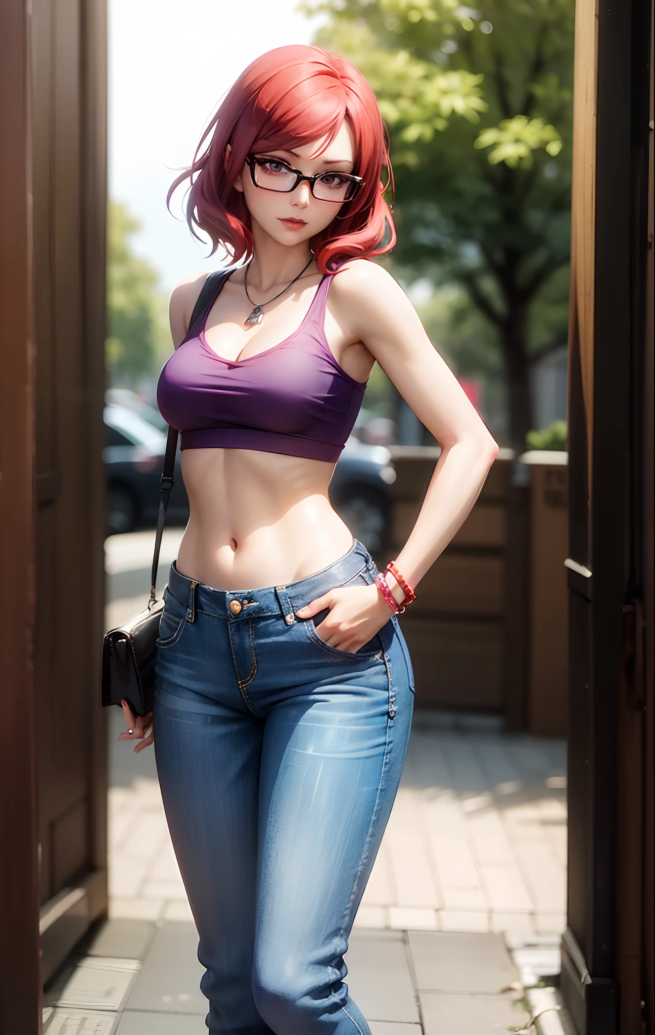 Nishikino maki, Purple eyes, red hair, lipstick,red tank top, denim pants,low waist pants, hand bag,glasses, bracelet, cleavage, standing, realistic art, cowboy shot, sexy, hands in pockets