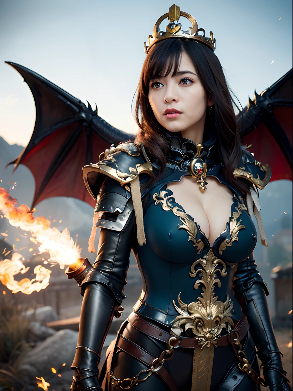 (masutepiece), Professional , masterpiece、top-quality、photos realistic , depth of fields 、(Dragon Black Metal Body:1.9),(Matte Blue Black、(cleavage of the breast)、Dragon Gold Weapon(Dragon Metal Body:1.4),Gorgeous gold weapons ,(( Dragon's dense and gorgeous sword)) , (demonic wings) ,warhammer 40k , adepta sororitas,Detail and gorgeous crown、((Red hair))、(Castle background)、((Gangle's forest background))、Beautiful Caucasian beauty、1a person、dynamic ungle,(((Detailed and ornate Black Dragon Crown)))、Smaller head、A smile、Castle background、Thin and beautiful female hands、cleavage of the breast、Soldier in iron armor on background、Mystical expression、Light Effects、intense fighting、Wind-effect、magic circles、With the legendary magic wand、Dragon's tail、