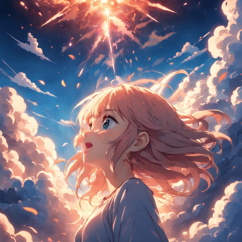masterpiece, best quality, movie still, 1girl, cloud girl, floating in the sky, close-up, bright, happy, warm soft lighting, sunset, (sparks:0.7)