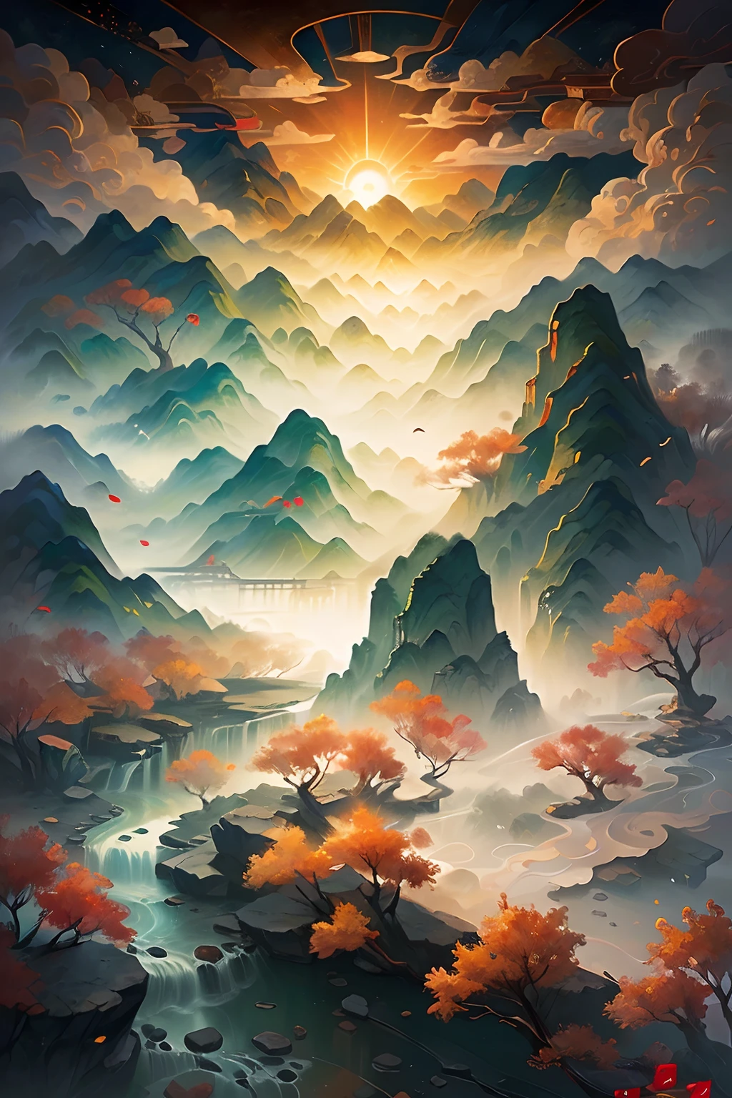 Ancient Chinese landscape, mountains, rivers, auspicious clouds, sunlight, masterpiece, super detail, epic composition, ultra high definition, high quality, extremely detailed, official art, uniform 8k wallpaper, super detail, 32k -- v 6